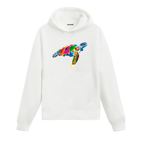 Renkli deniz kaplumbağası baskılı beyaz hoodie