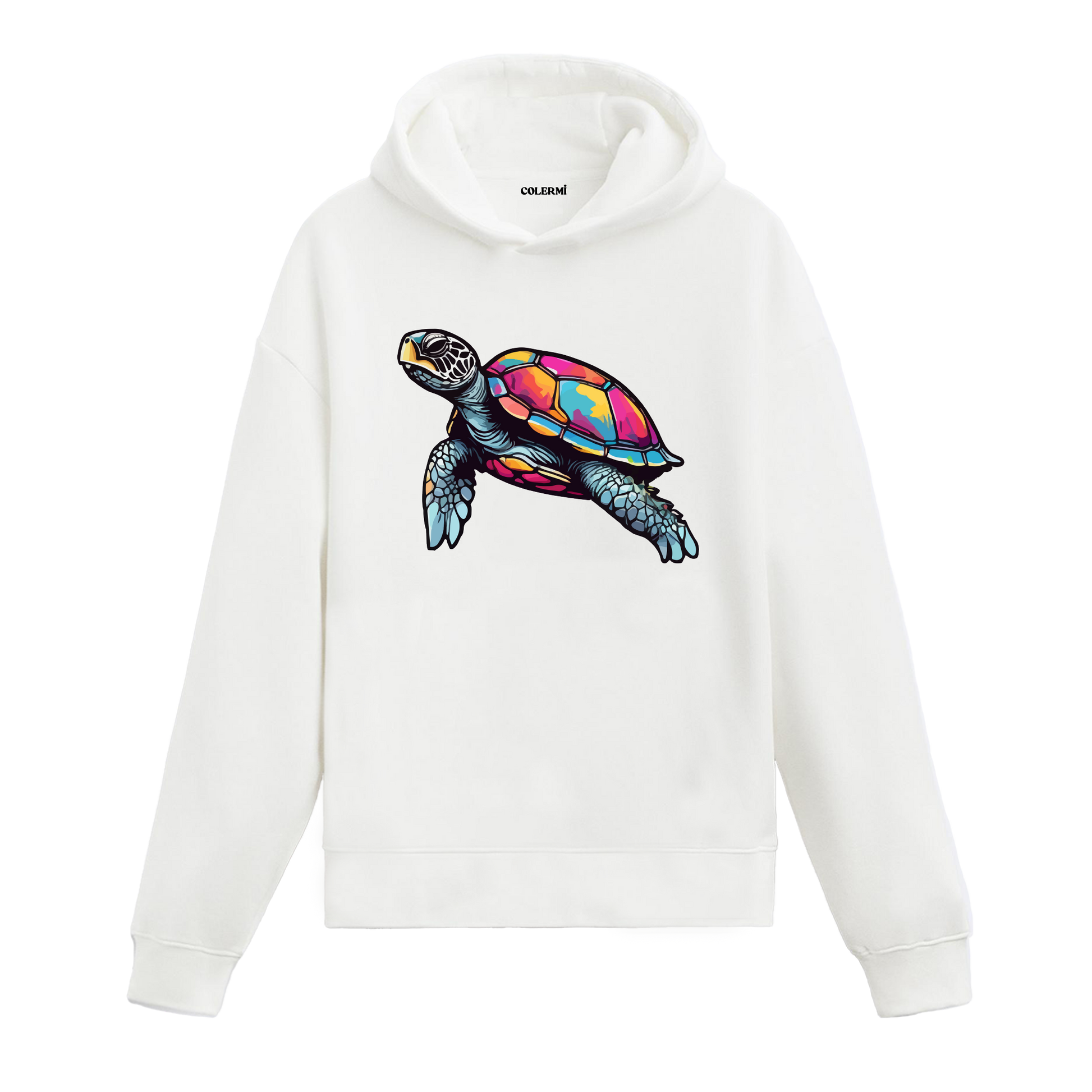 Canlı renklerde deniz kaplumbağası baskılı beyaz hoodie