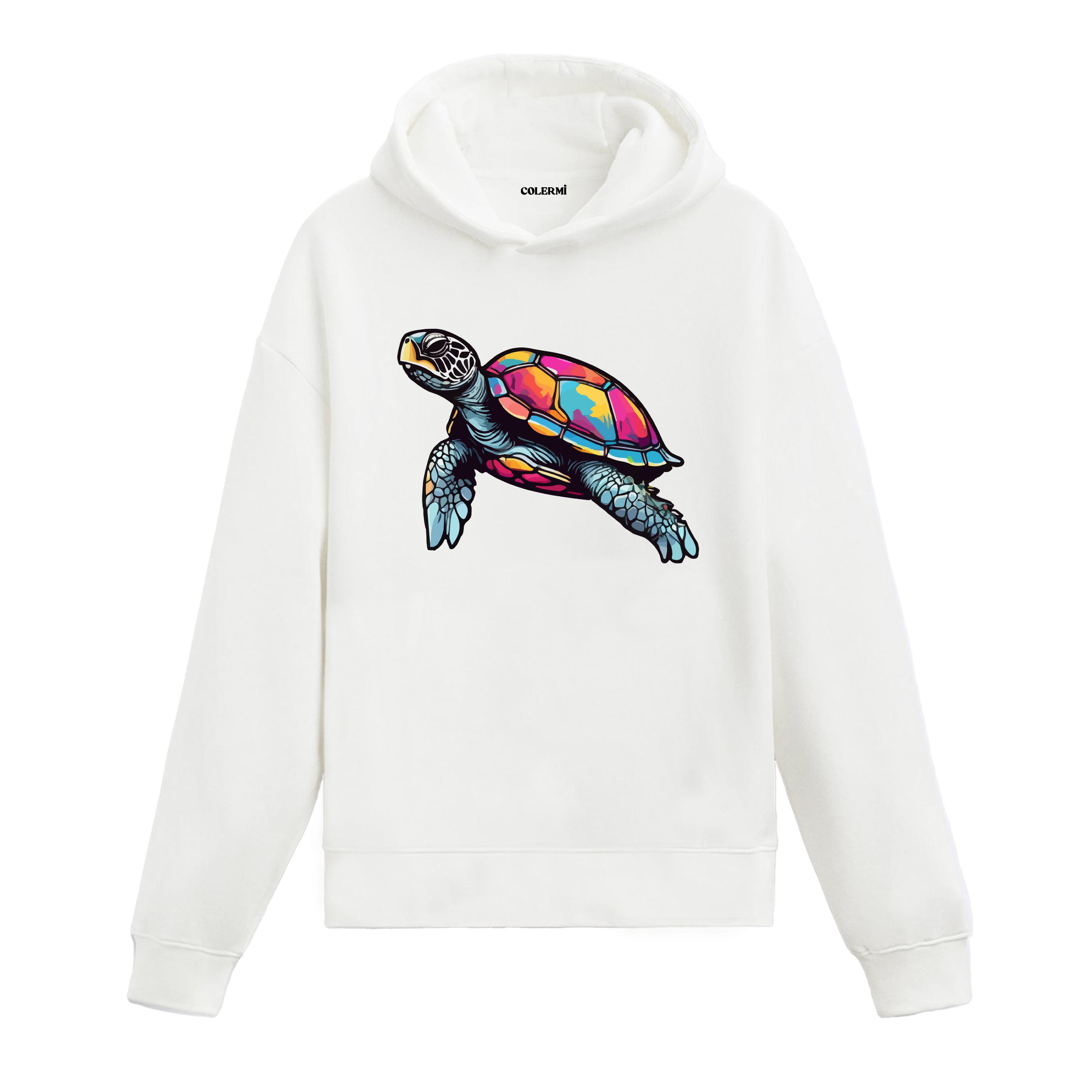 Canlı renklerde deniz kaplumbağası baskılı beyaz hoodie