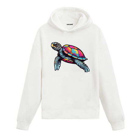 Canlı renklerde deniz kaplumbağası baskılı beyaz hoodie