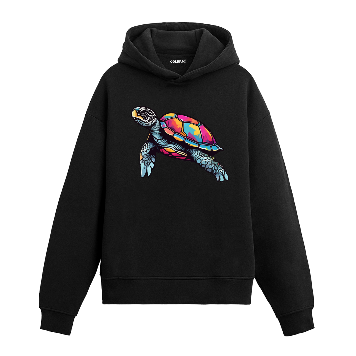 Canlı renklerde deniz kaplumbağası baskılı siyah hoodie