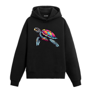 Canlı renklerde deniz kaplumbağası baskılı siyah hoodie