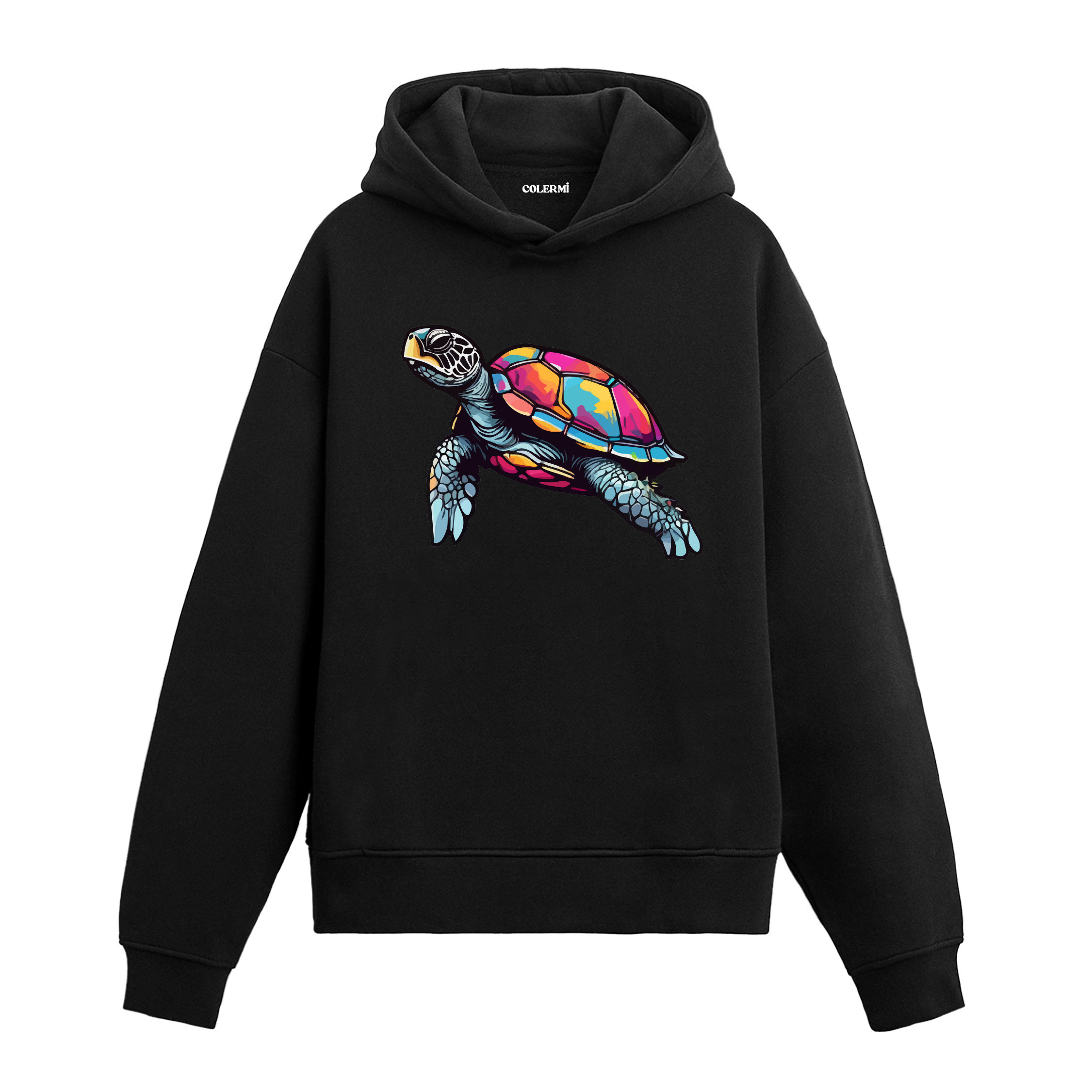 Canlı renklerde deniz kaplumbağası baskılı siyah hoodie