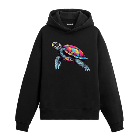 Canlı renklerde deniz kaplumbağası baskılı siyah hoodie