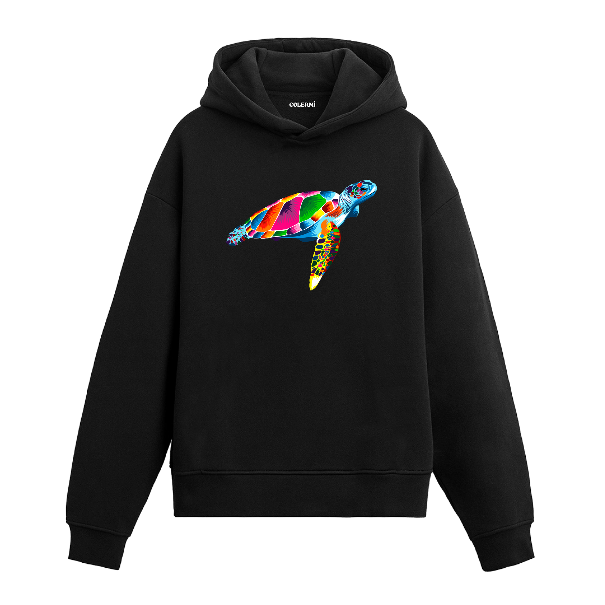 Renkli deniz kaplumbağası baskılı siyah hoodie