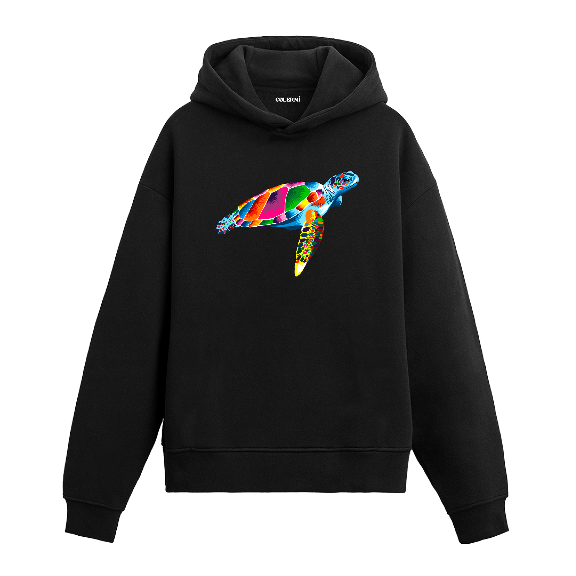 Renkli deniz kaplumbağası baskılı siyah hoodie