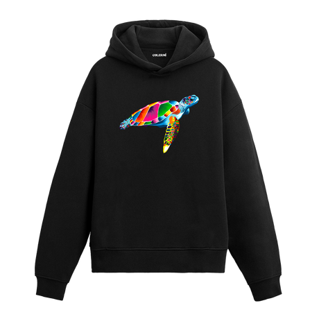 Renkli deniz kaplumbağası baskılı siyah hoodie