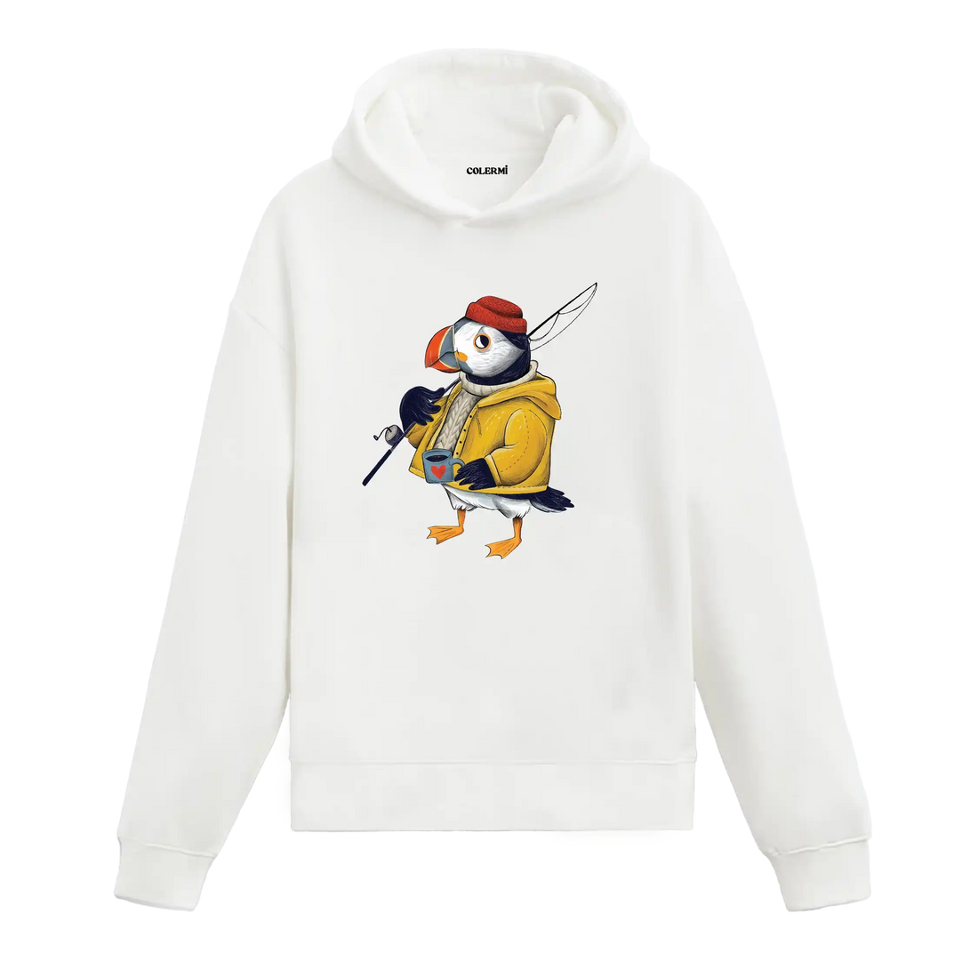Sarı yağmurluk giyen, elinde kahve ve olta tutan deniz papağanı figürlü Colermi hoodie.