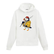 Sarı yağmurluk giyen, elinde kahve ve olta tutan deniz papağanı figürlü Colermi hoodie.