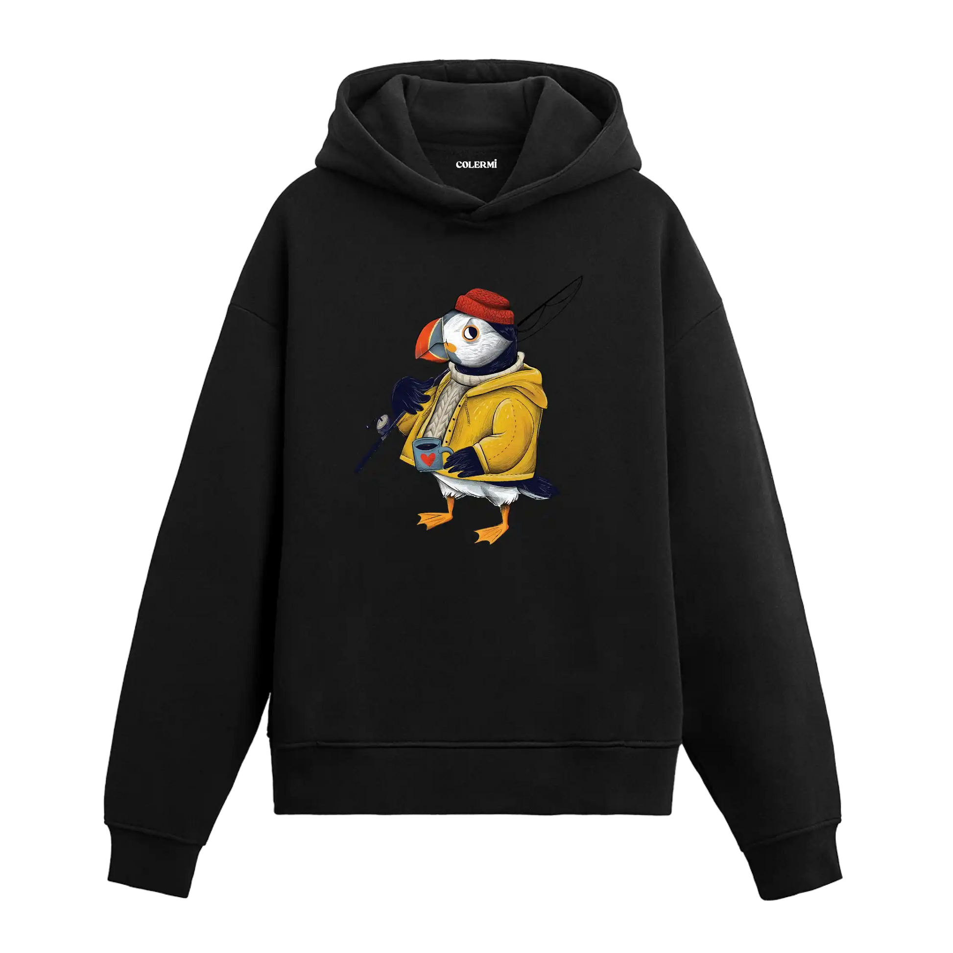 Sarı yağmurluk giyen, elinde kahve ve olta tutan deniz papağanı figürlü Colermi hoodie.