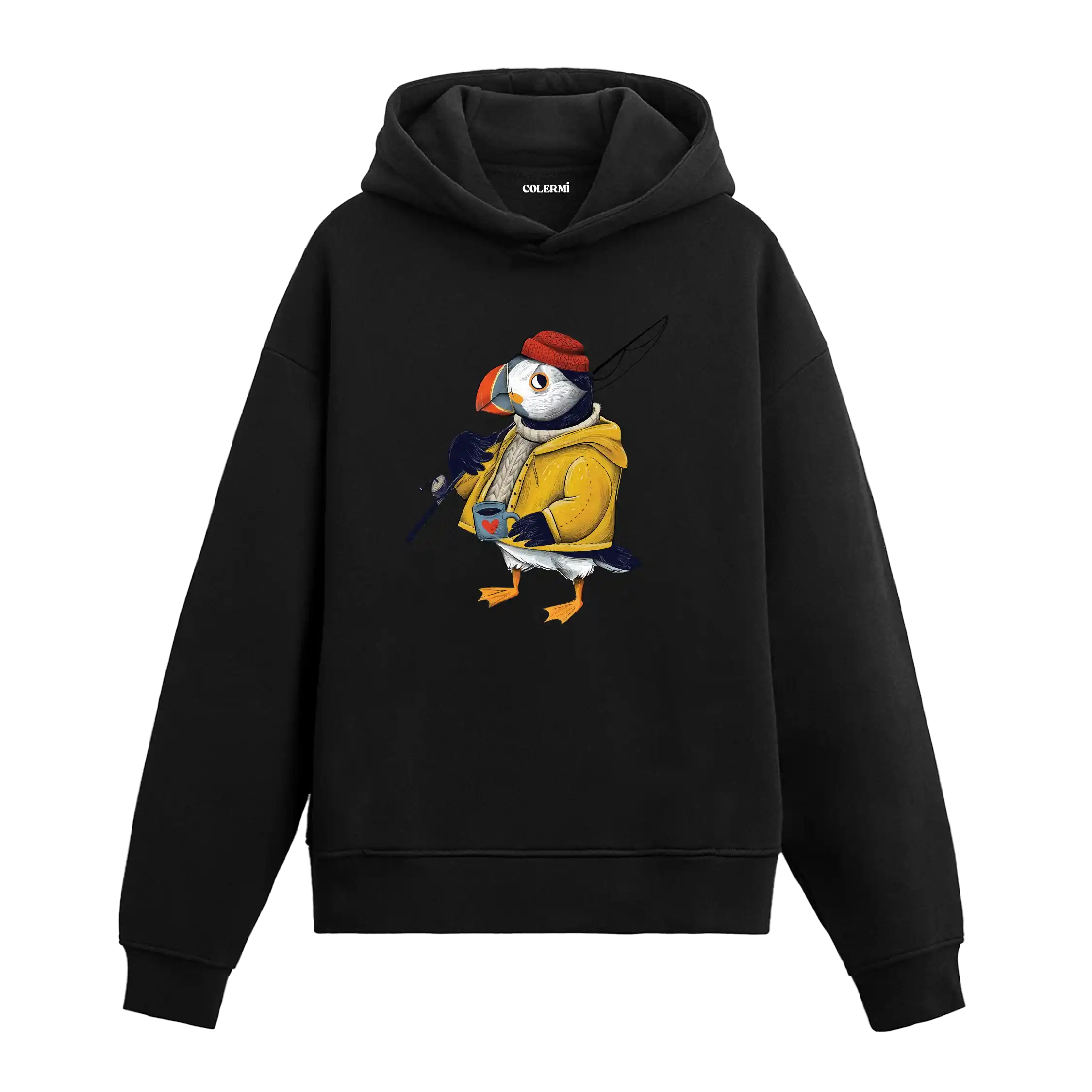 Sarı yağmurluk giyen, elinde kahve ve olta tutan deniz papağanı figürlü Colermi hoodie.