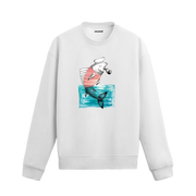 Kaptan şapkalı, çizgili tişörtlü ve pipo içen balık baskılı Colermi sweatshirt.