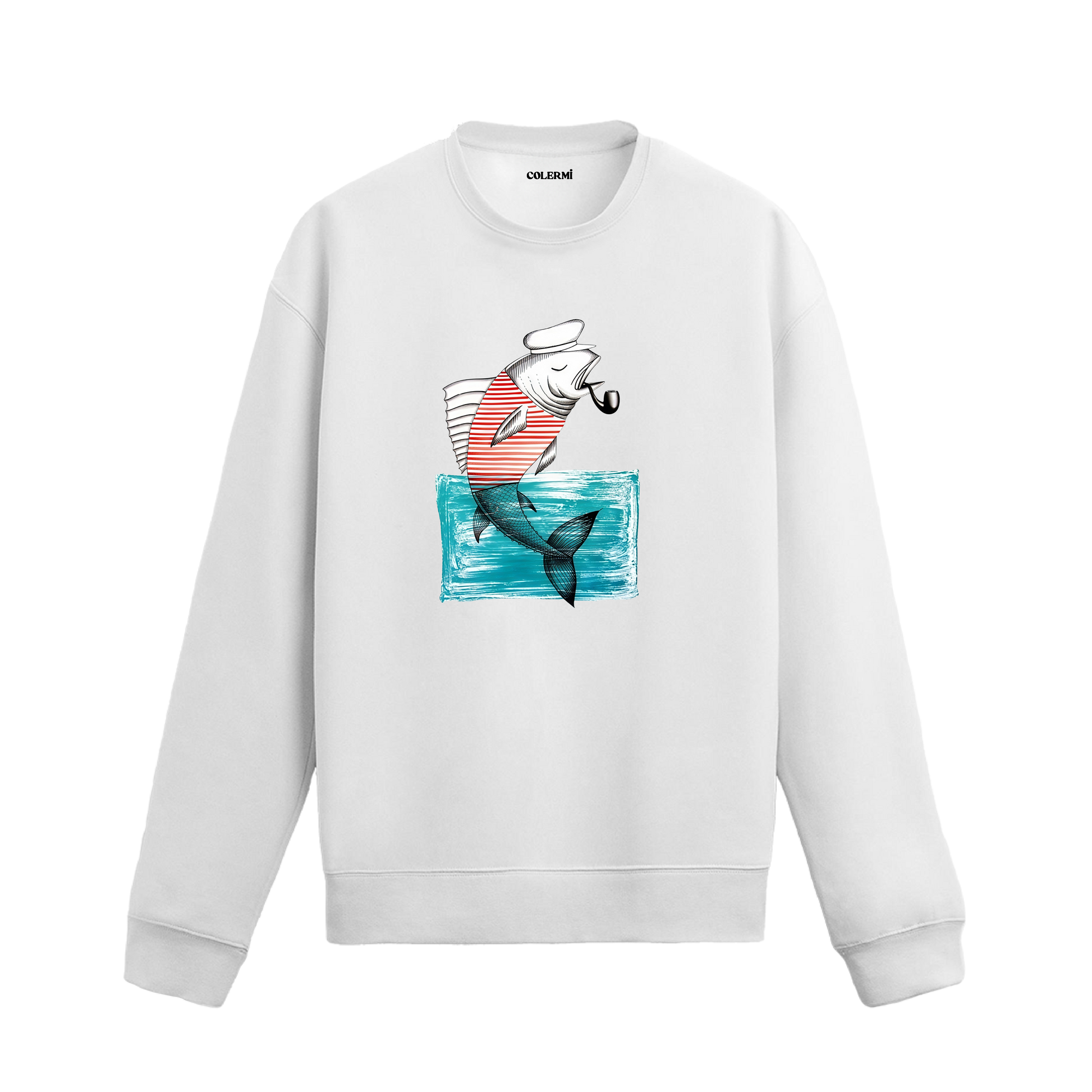 Kaptan şapkalı, çizgili tişörtlü ve pipo içen balık baskılı Colermi sweatshirt.