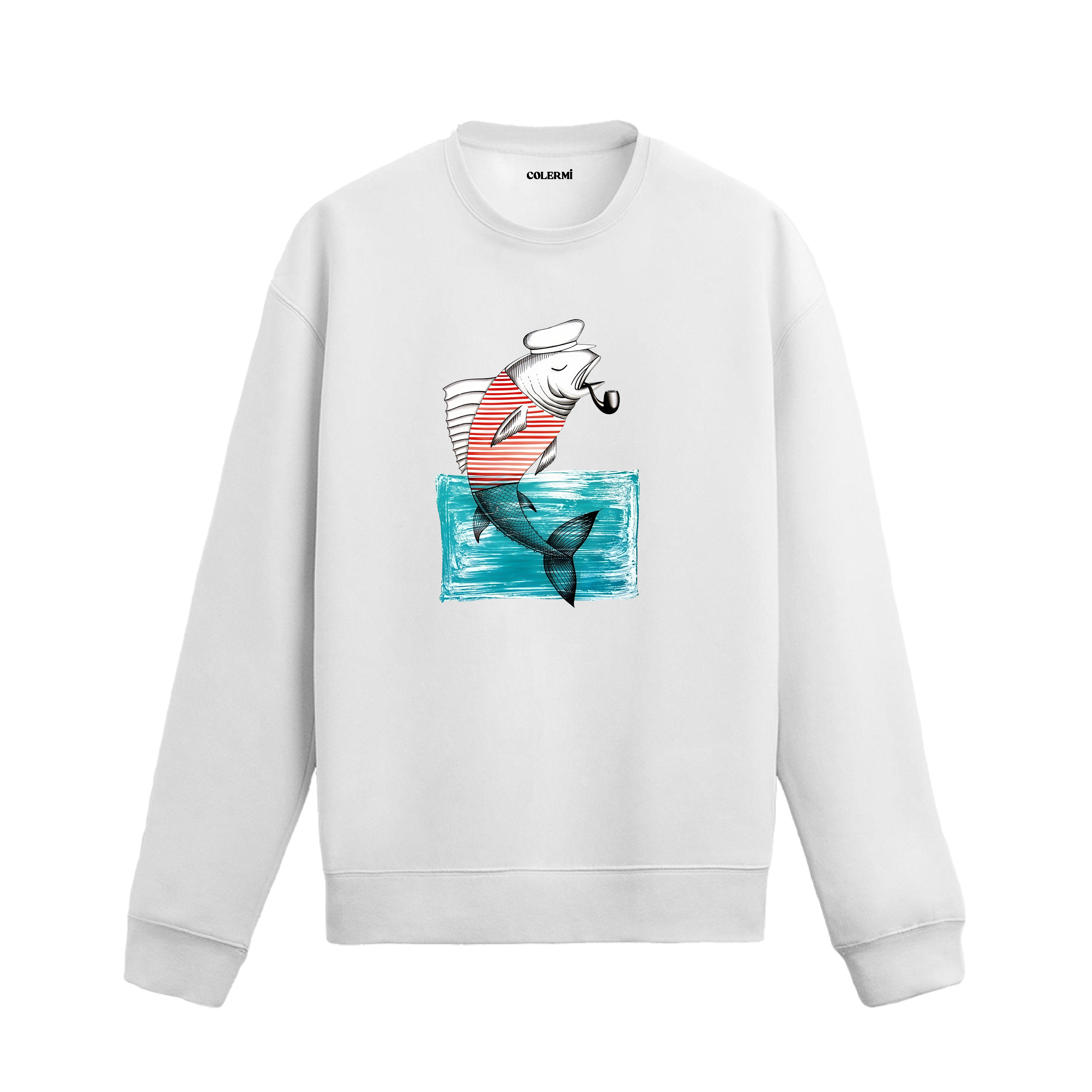 Kaptan şapkalı, çizgili tişörtlü ve pipo içen balık baskılı Colermi sweatshirt.