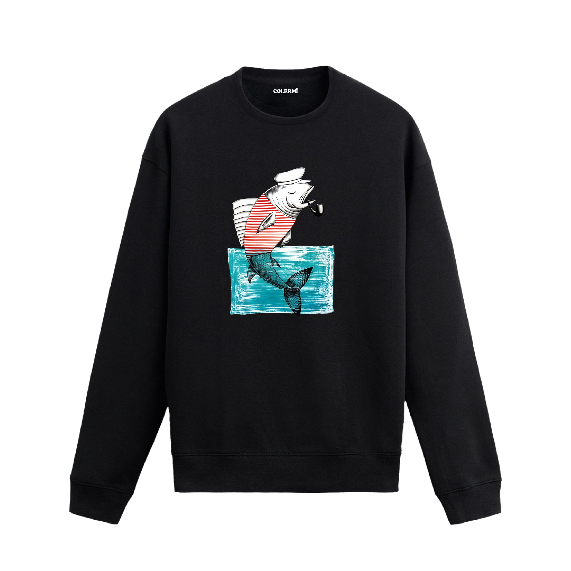 Kaptan şapkalı, çizgili tişörtlü ve pipo içen balık baskılı Colermi sweatshirt.