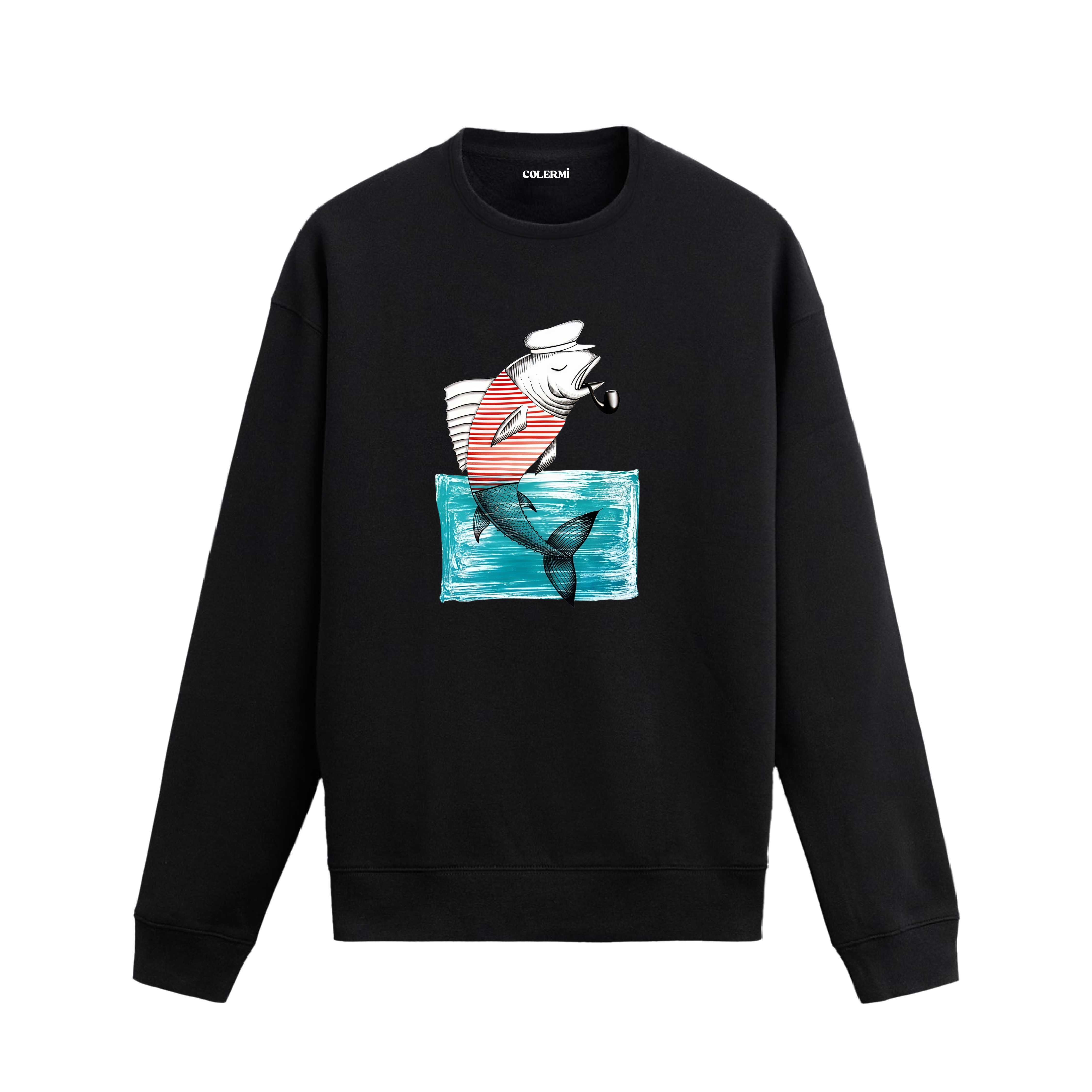 Kaptan şapkalı, çizgili tişörtlü ve pipo içen balık baskılı Colermi sweatshirt.