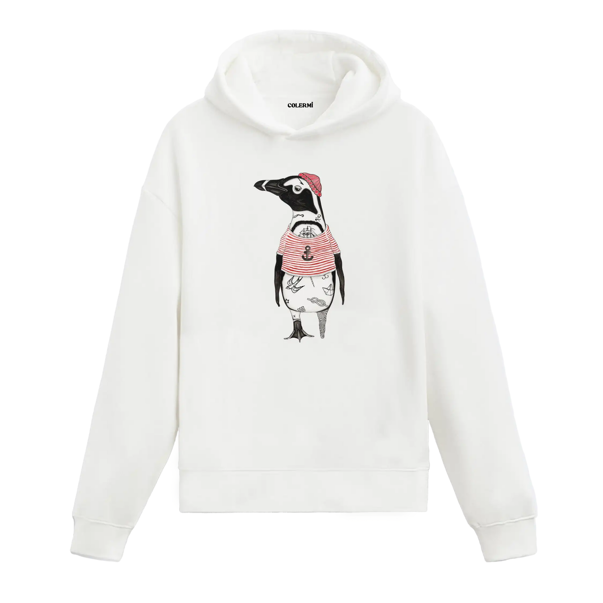 Denizci temalı kırmızı çizgili t-shirt giyen, dövmeli penguen figürlü Colermi beyaz hoodie.