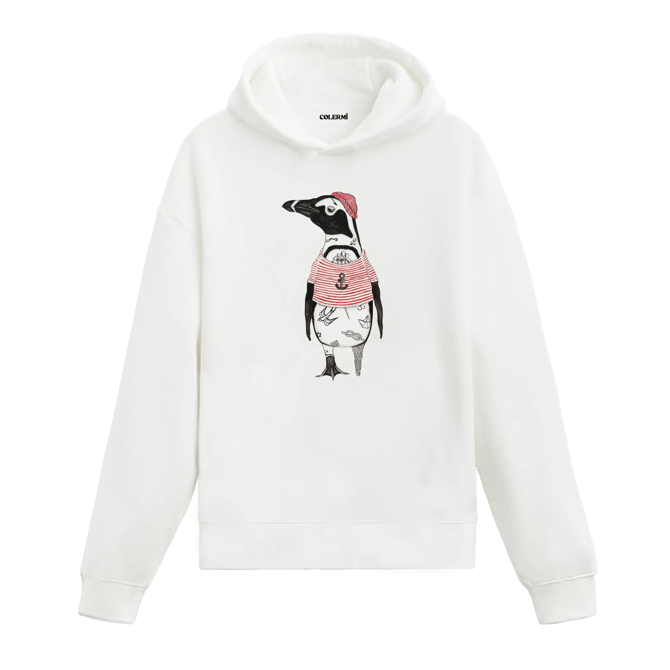 Denizci temalı kırmızı çizgili t-shirt giyen, dövmeli penguen figürlü Colermi beyaz hoodie.