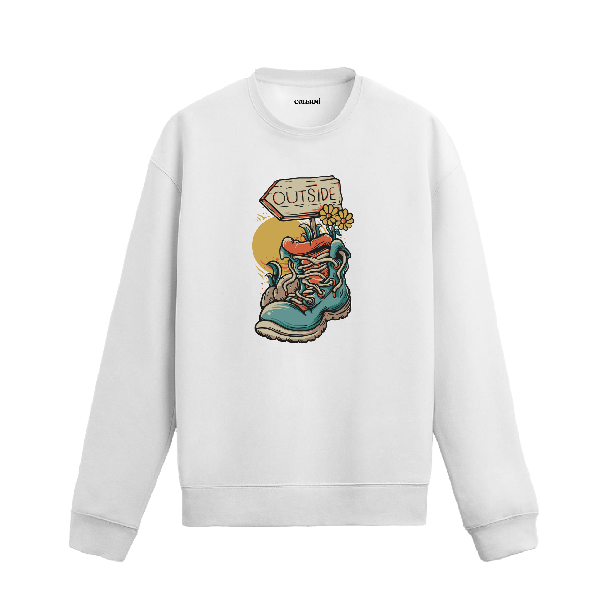 Retro tarzda ayakkabı, çiçek ve “Dışarı” tabelası baskılı beyaz sweatshirt.