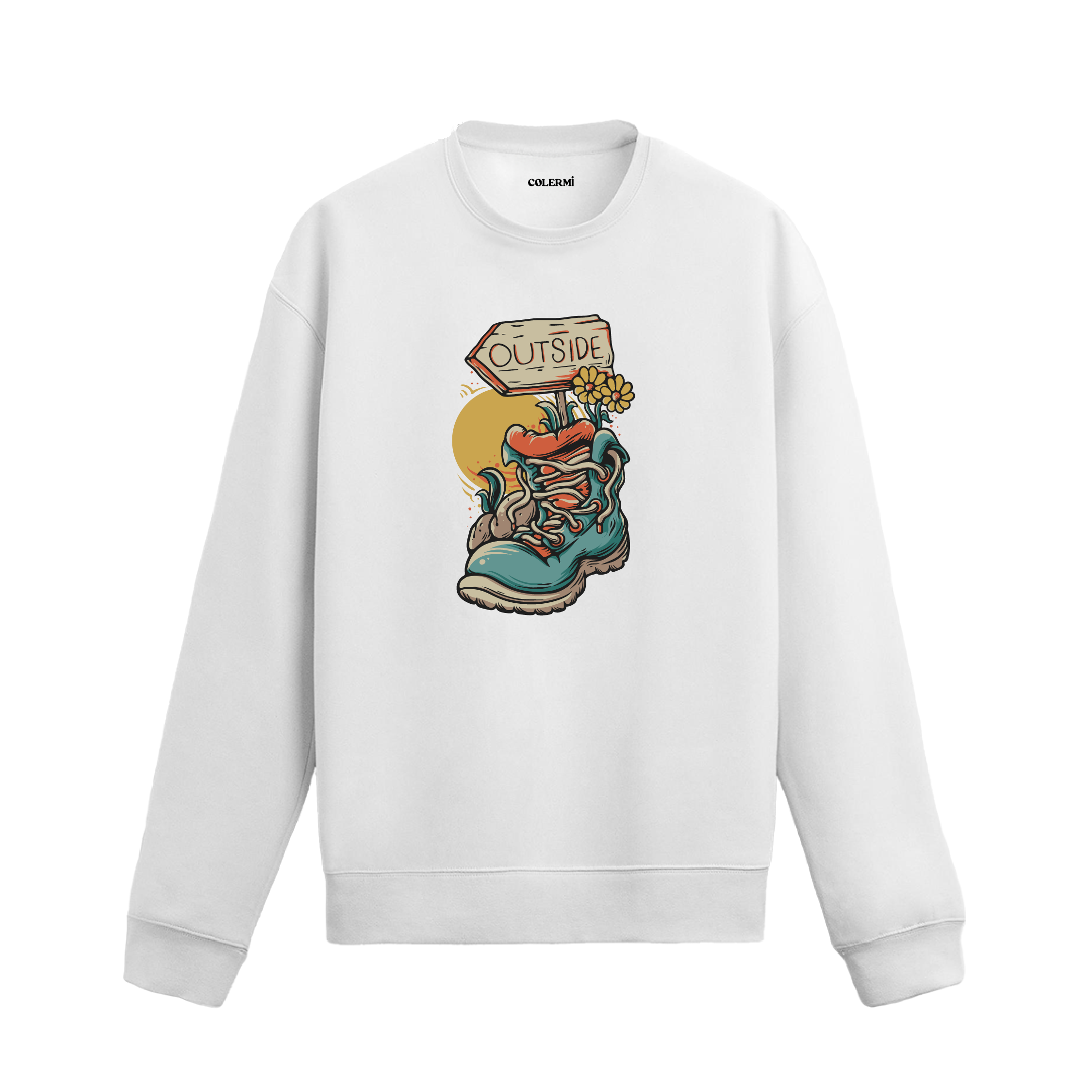 Retro tarzda ayakkabı, çiçek ve “Dışarı” tabelası baskılı beyaz sweatshirt.