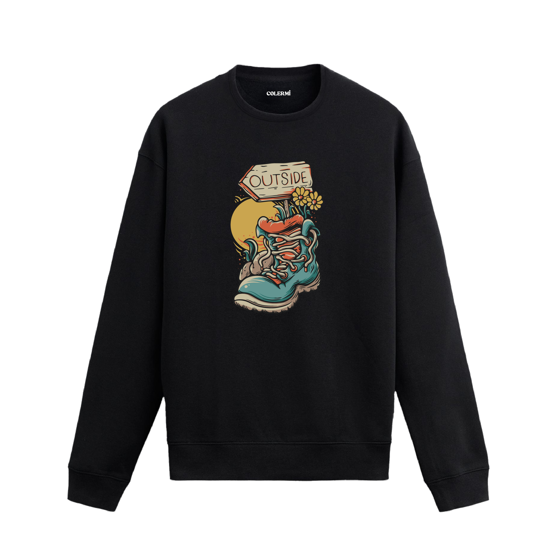 Retro tarzda ayakkabı, çiçek ve “Dışarı” tabelası baskılı siyah sweatshirt.