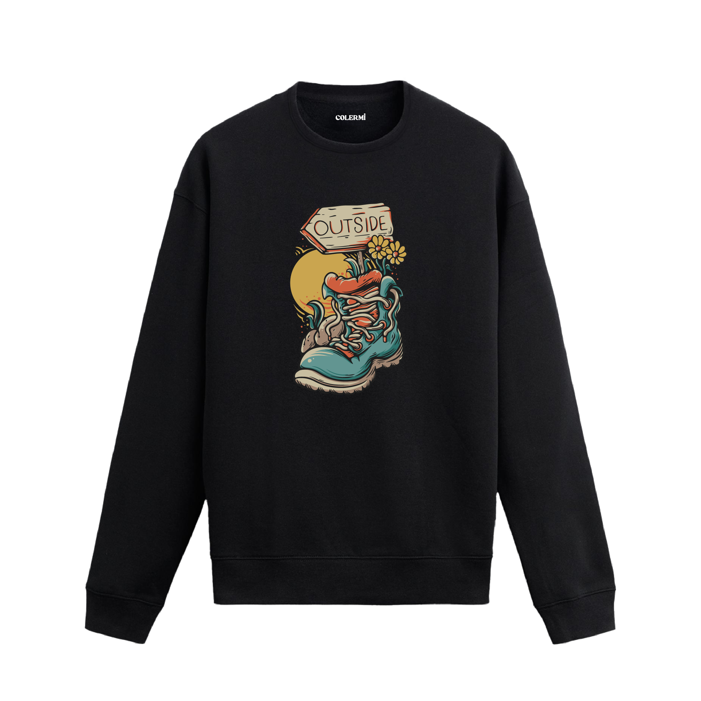 Retro tarzda ayakkabı, çiçek ve “Dışarı” tabelası baskılı siyah sweatshirt.
