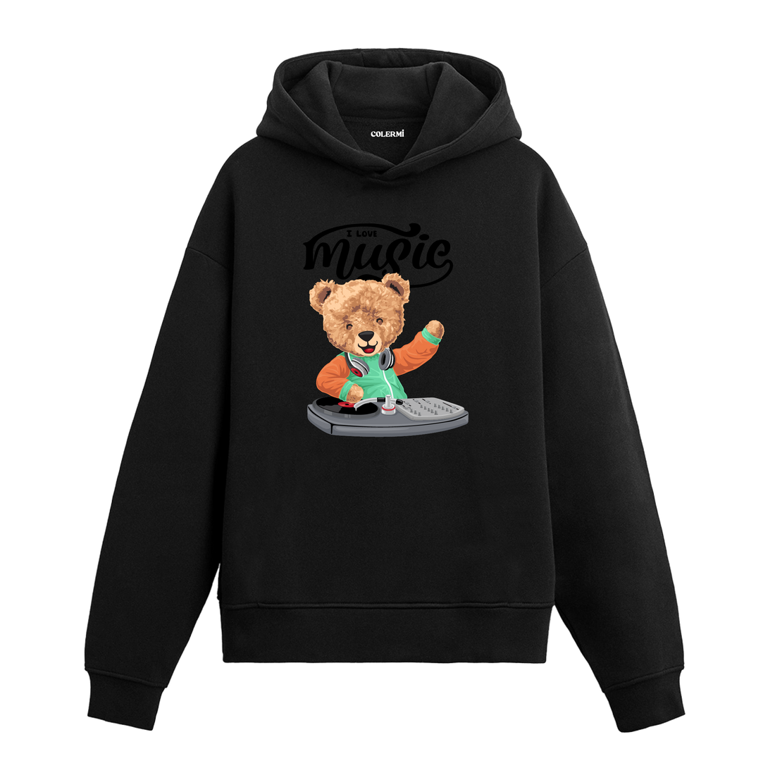 Plak çalar başında miks yapan DJ ayıcık figürlü hoodie tasarımı.
