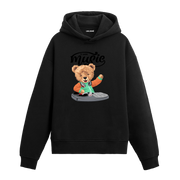 Plak çalar başında miks yapan DJ ayıcık figürlü hoodie tasarımı.