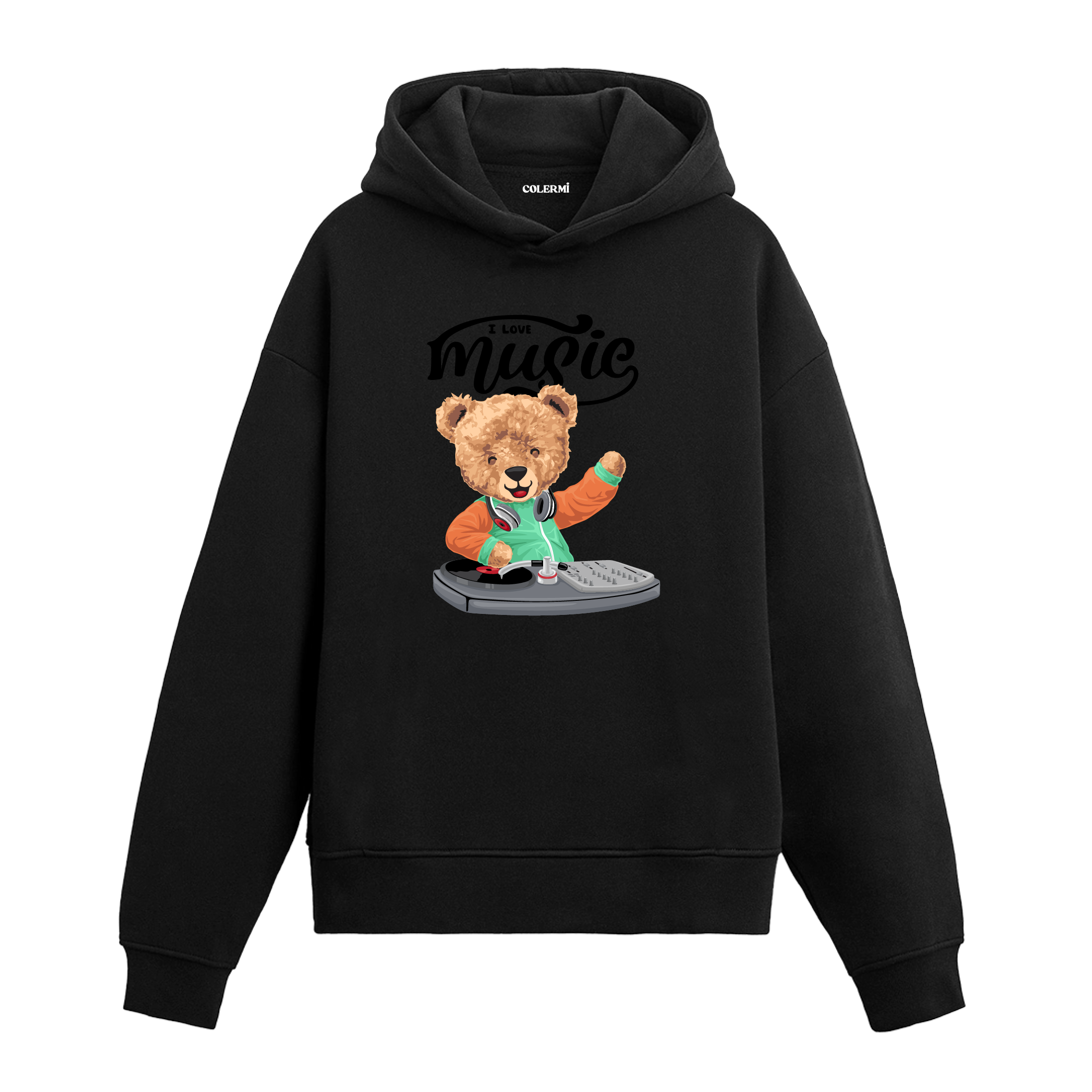 Plak çalar başında miks yapan DJ ayıcık figürlü hoodie tasarımı.