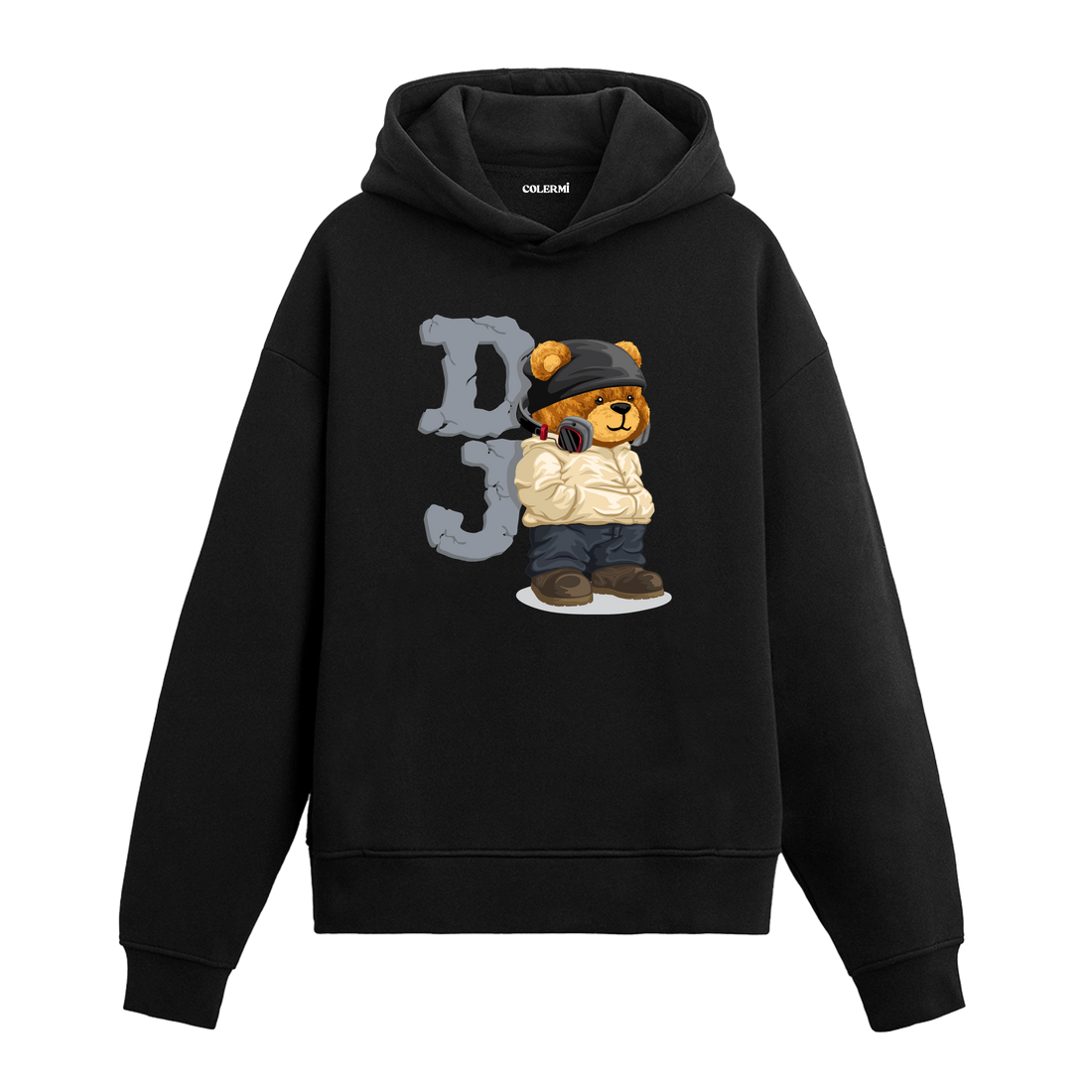 Kulaklıklı, kapüşonlu ve sokak tarzında DJ temalı ayıcık baskılı hoodie tasarımı.