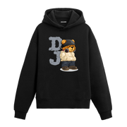 Kulaklıklı, kapüşonlu ve sokak tarzında DJ temalı ayıcık baskılı hoodie tasarımı.