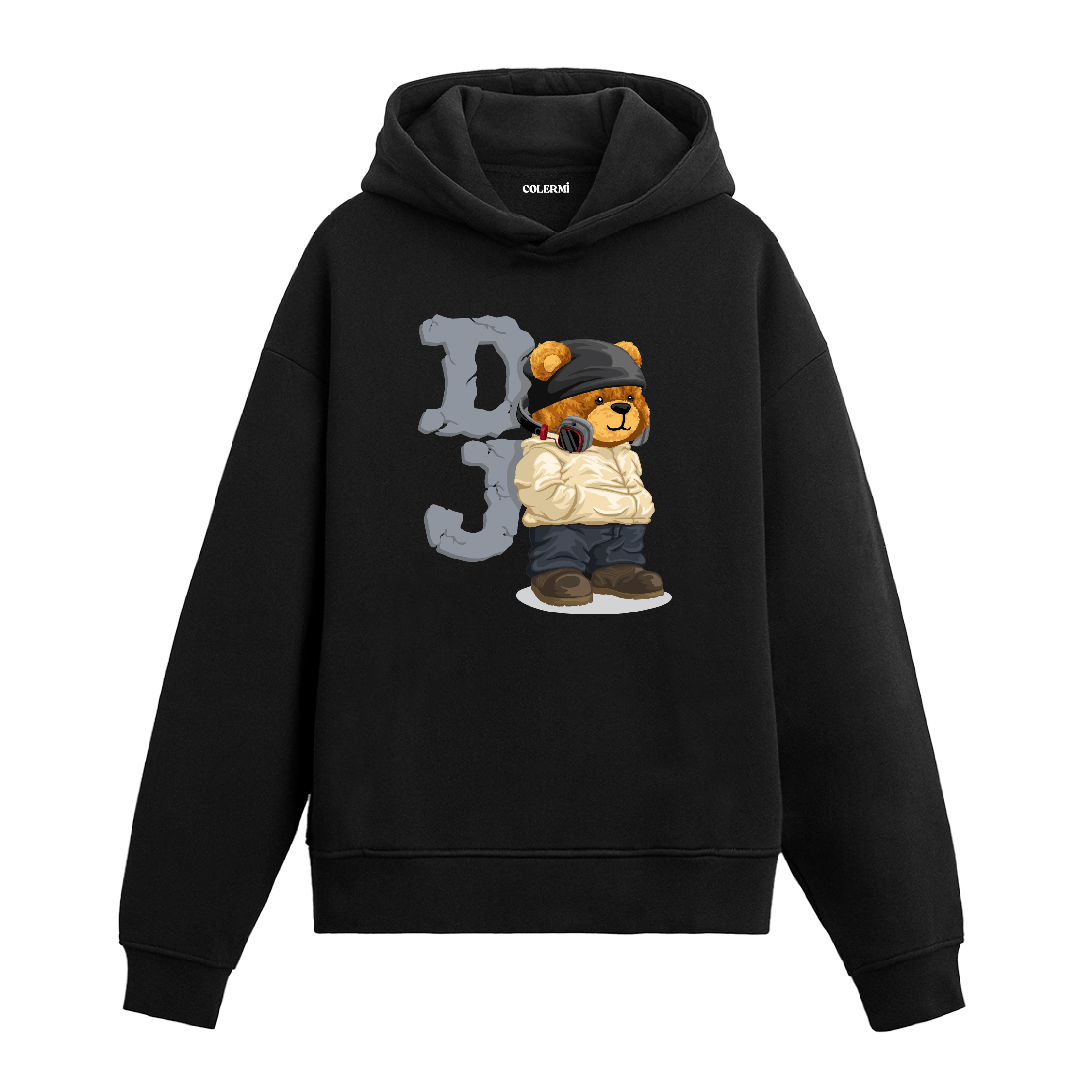 Kulaklıklı, kapüşonlu ve sokak tarzında DJ temalı ayıcık baskılı hoodie tasarımı.