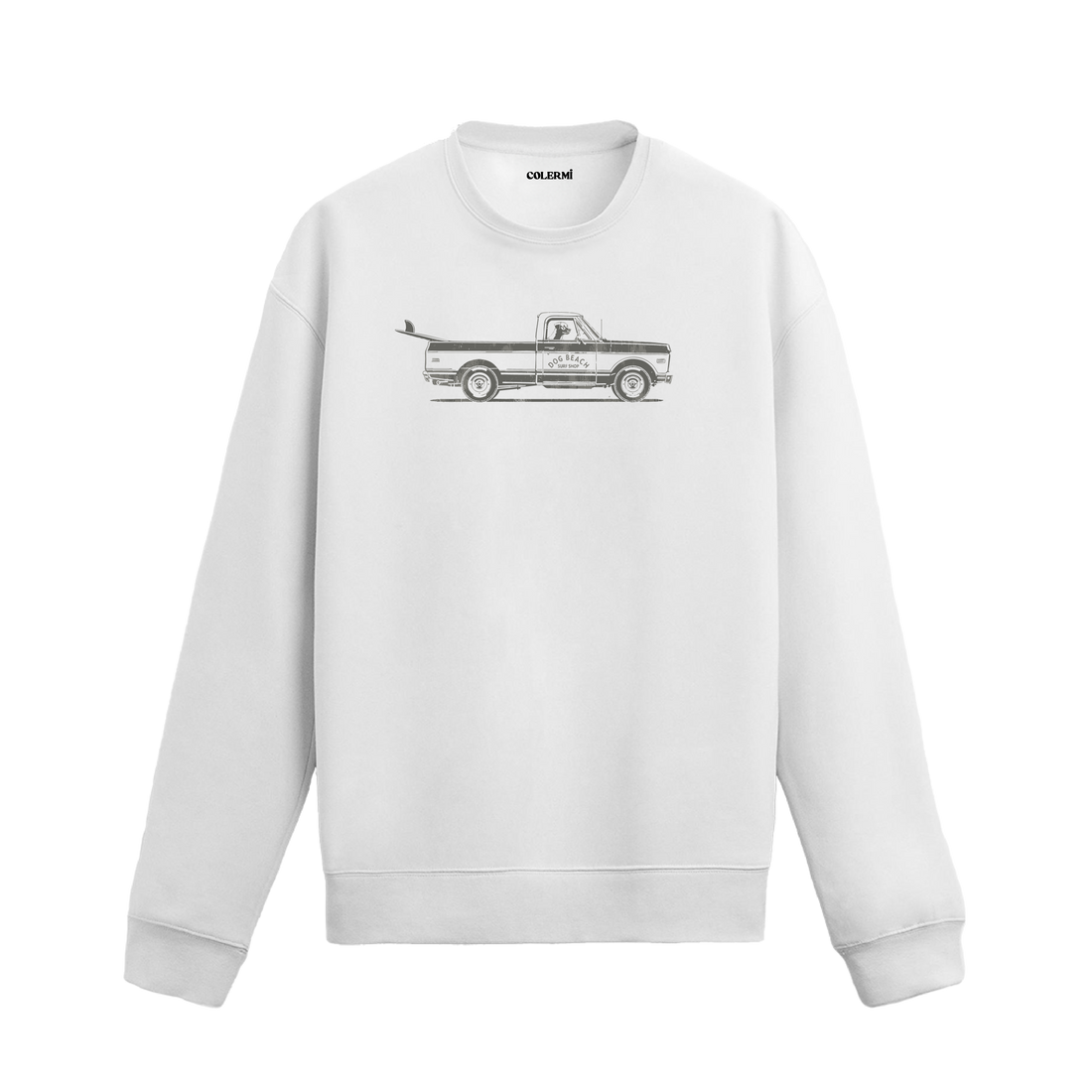Köpek figürlü Dog Beach sörf kamyonet baskılı sweatshirt tasarımı