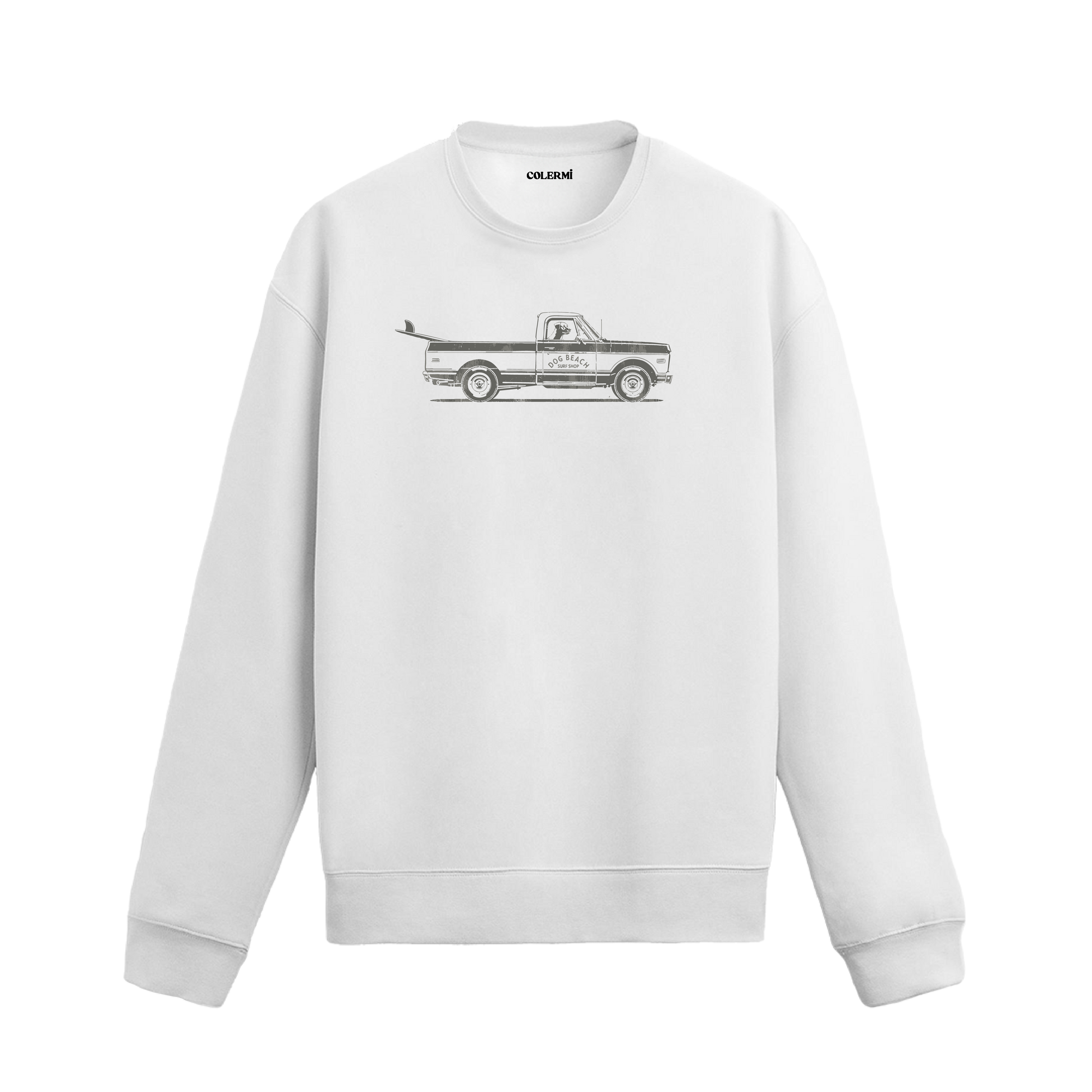 Köpek figürlü Dog Beach sörf kamyonet baskılı sweatshirt tasarımı