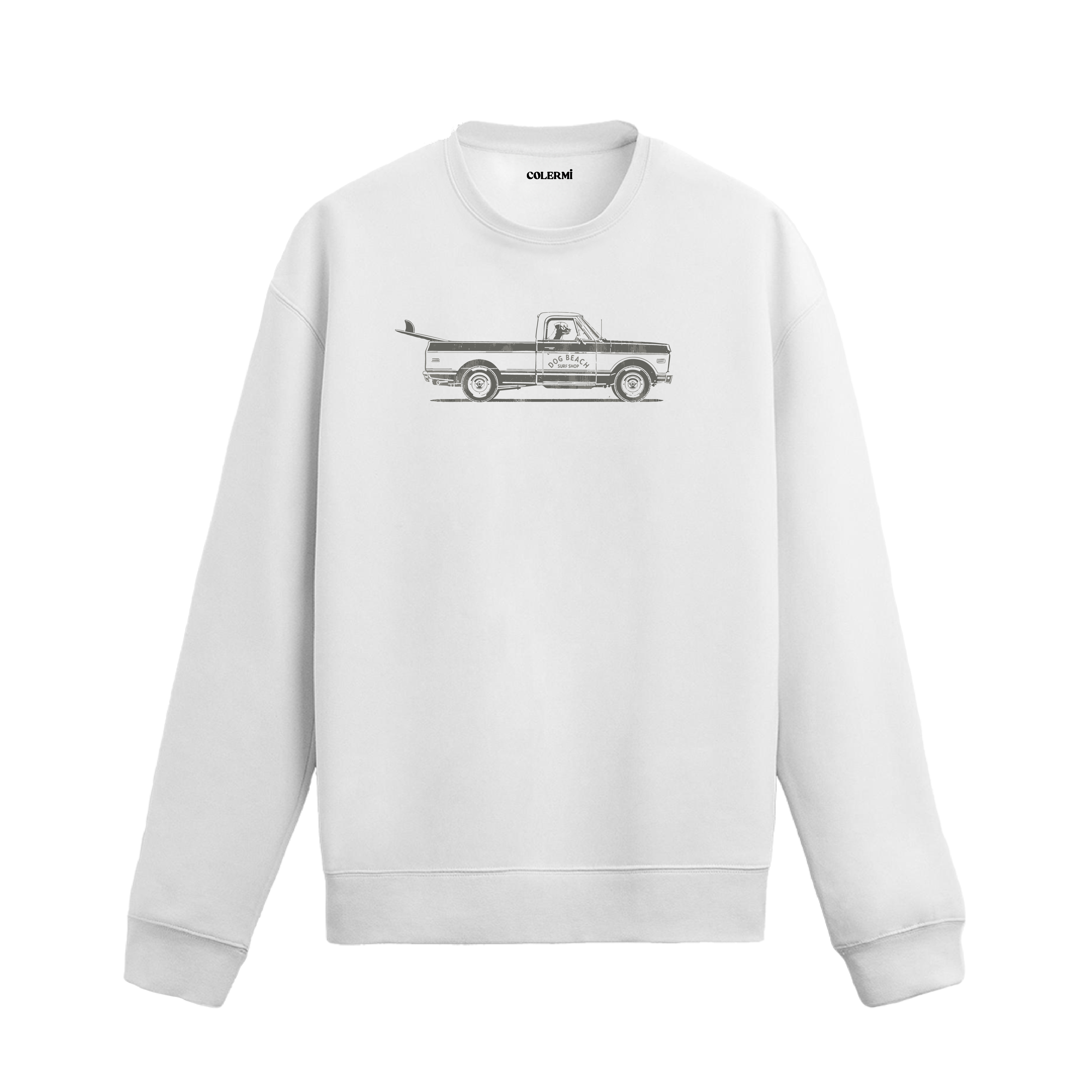 Köpek figürlü Dog Beach sörf kamyonet baskılı sweatshirt tasarımı