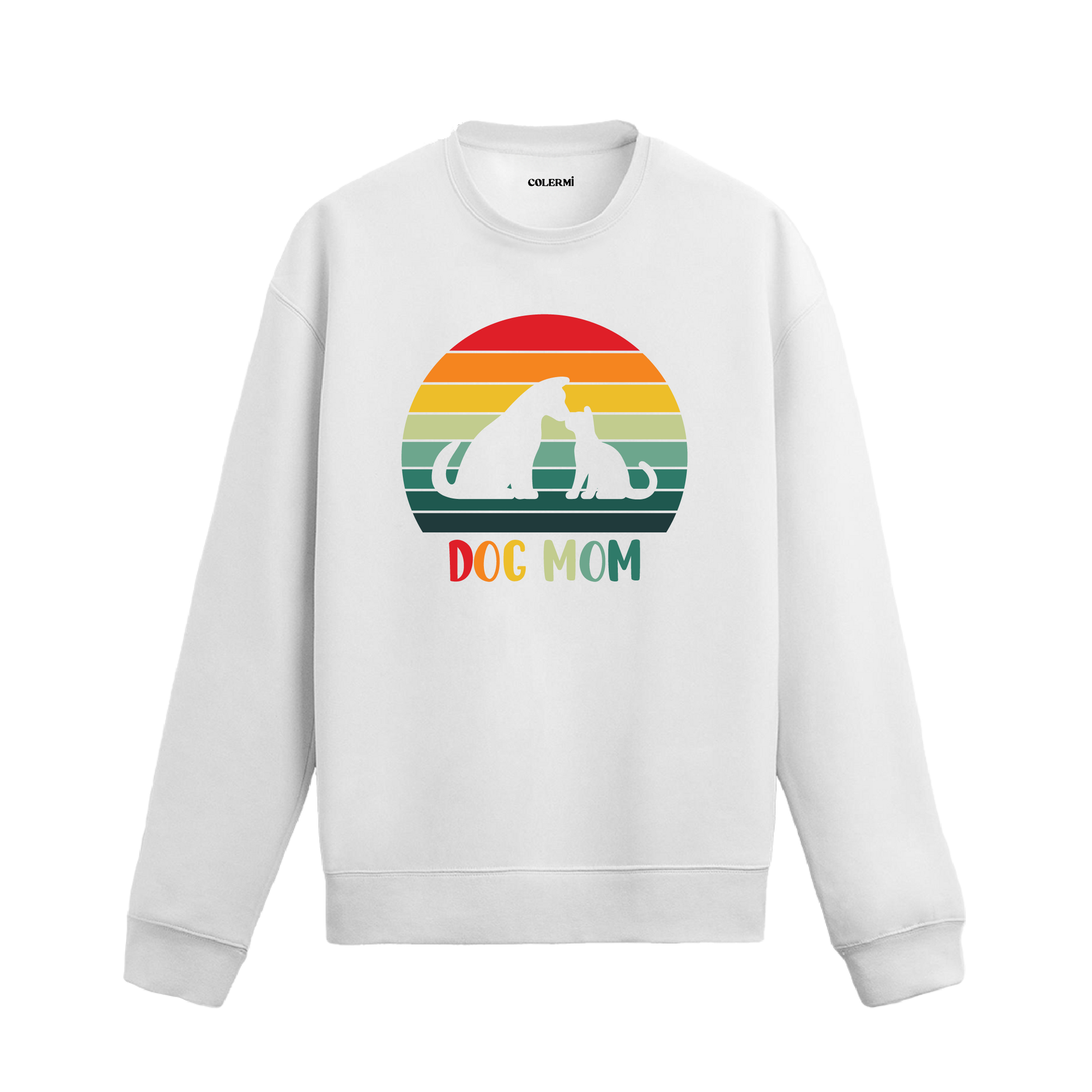Siyah sweatshirt üzerinde retro renklerde “Dog Mom” yazısı ve köpek silüeti baskısı