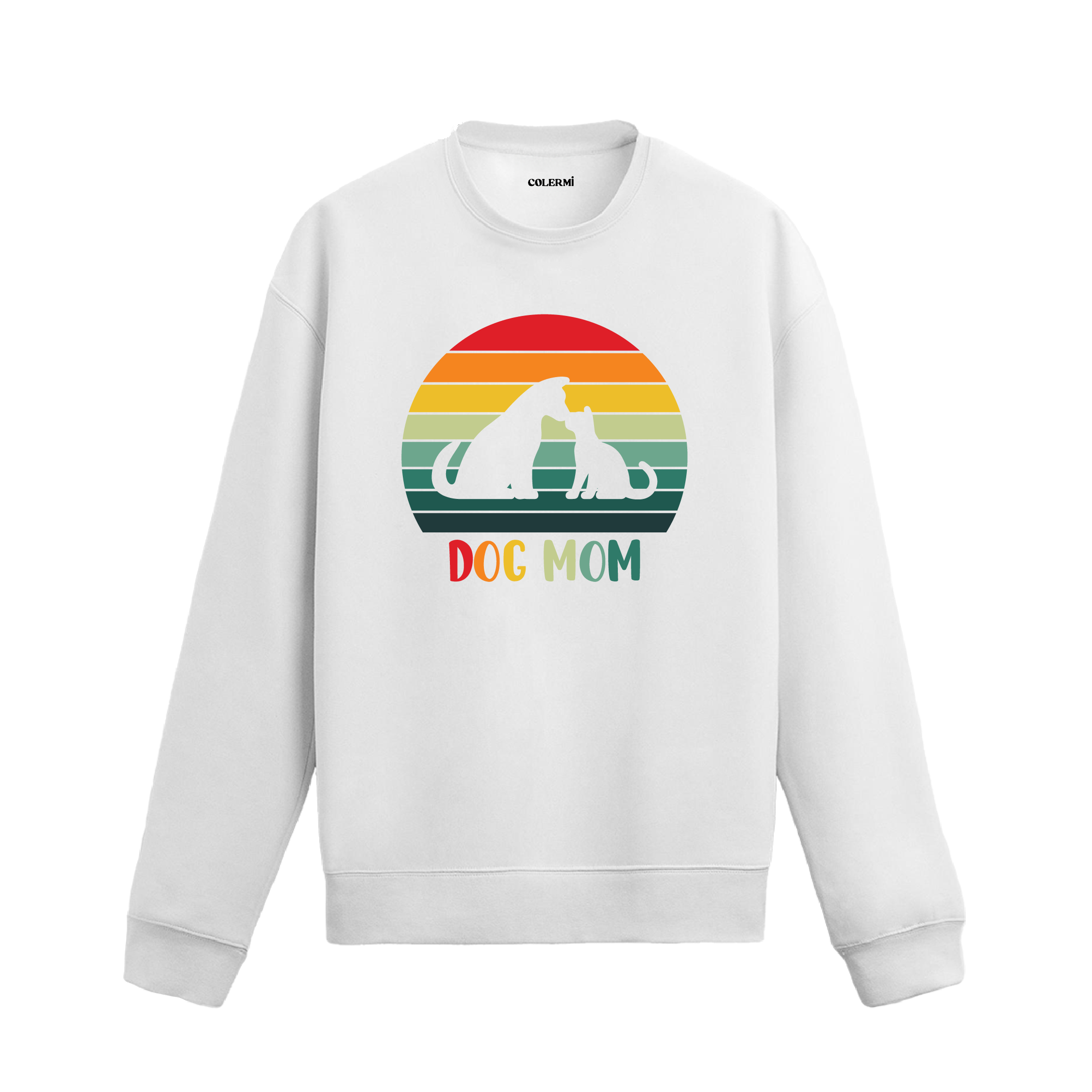 Siyah sweatshirt üzerinde retro renklerde “Dog Mom” yazısı ve köpek silüeti baskısı