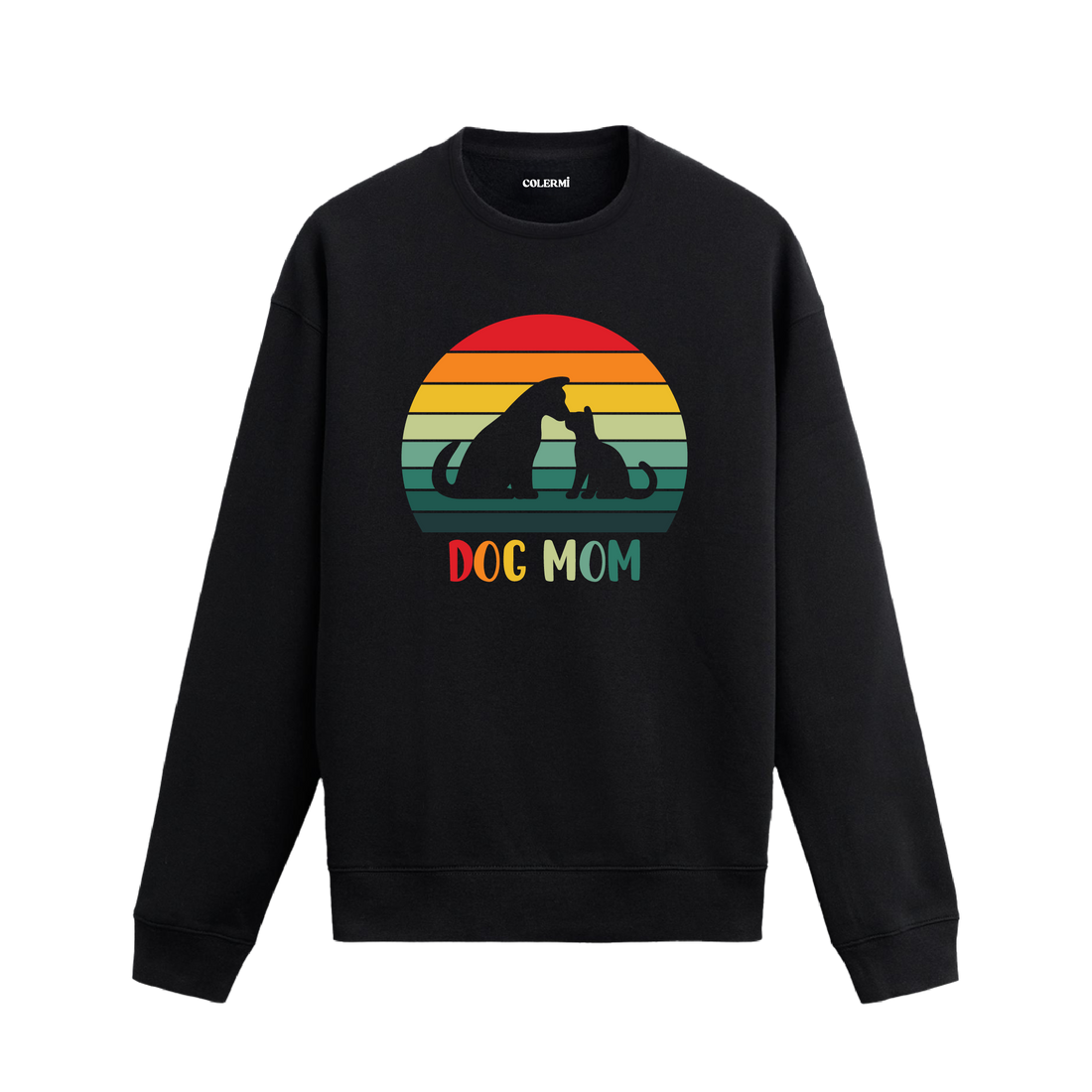 Siyah sweatshirt üzerinde retro renklerde “Dog Mom” yazısı ve köpek silüeti baskısı