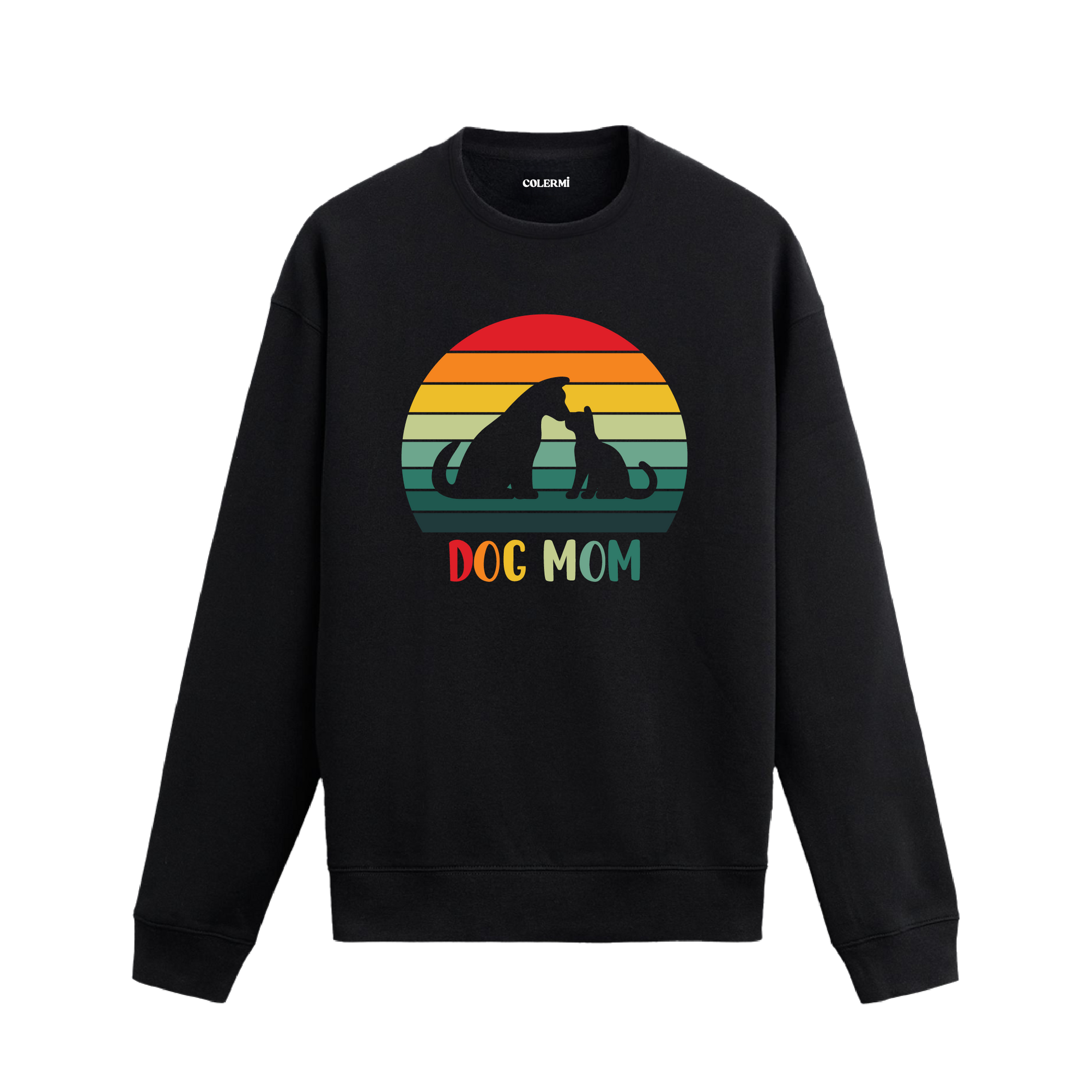 Siyah sweatshirt üzerinde retro renklerde “Dog Mom” yazısı ve köpek silüeti baskısı