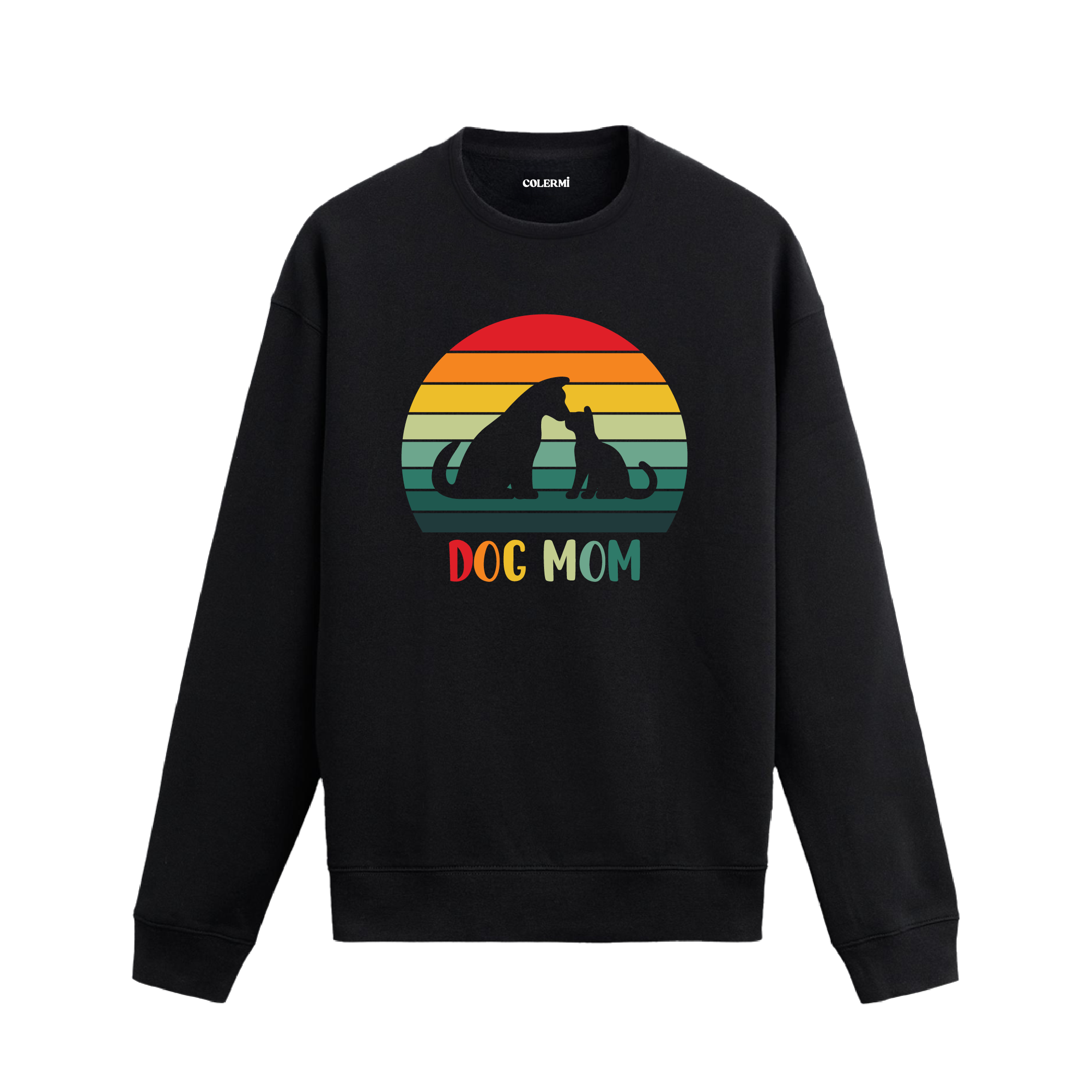 Siyah sweatshirt üzerinde retro renklerde “Dog Mom” yazısı ve köpek silüeti baskısı