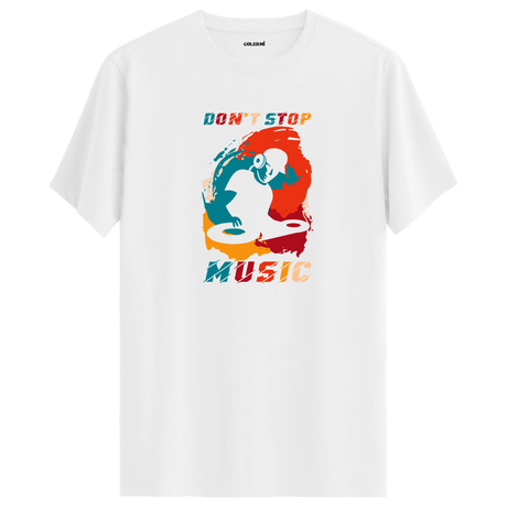 DJ silueti ve renkli fırça desenleriyle tasarlanmış Don't Stop Music tişört