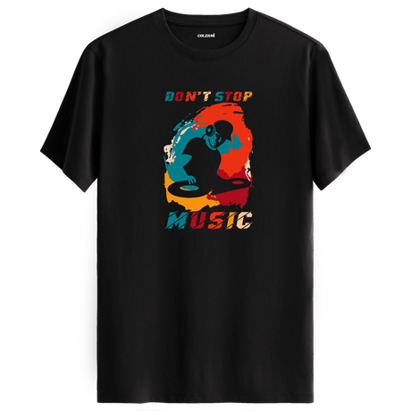 DJ silueti ve renkli fırça desenleriyle tasarlanmış Don't Stop Music tişört