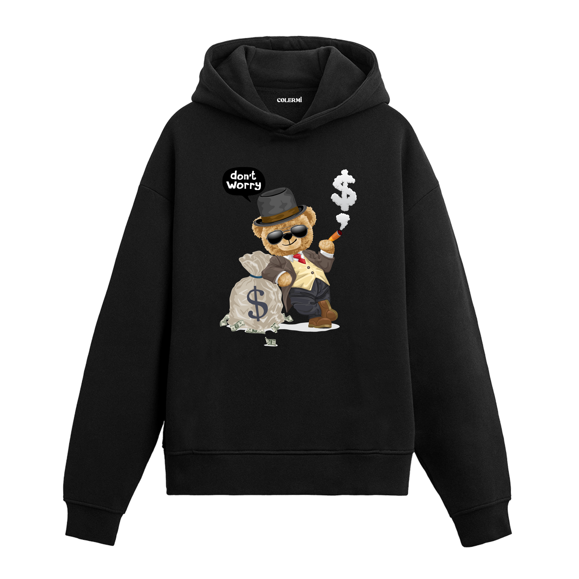 Güneş gözlüğü takan, puro içen ve para çuvalına yaslanan ayıcık baskılı hoodie tasarımı.