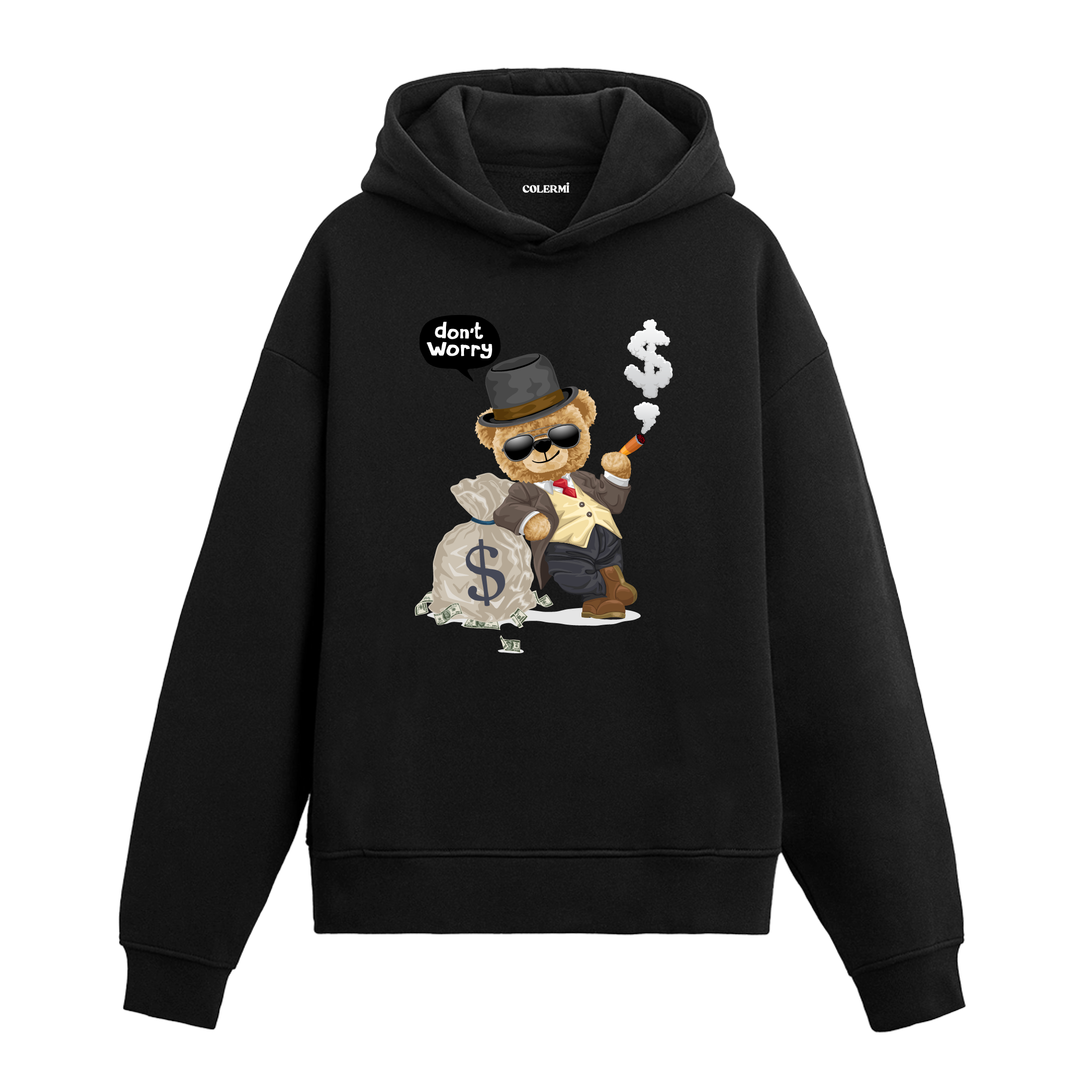 Güneş gözlüğü takan, puro içen ve para çuvalına yaslanan ayıcık baskılı hoodie tasarımı.