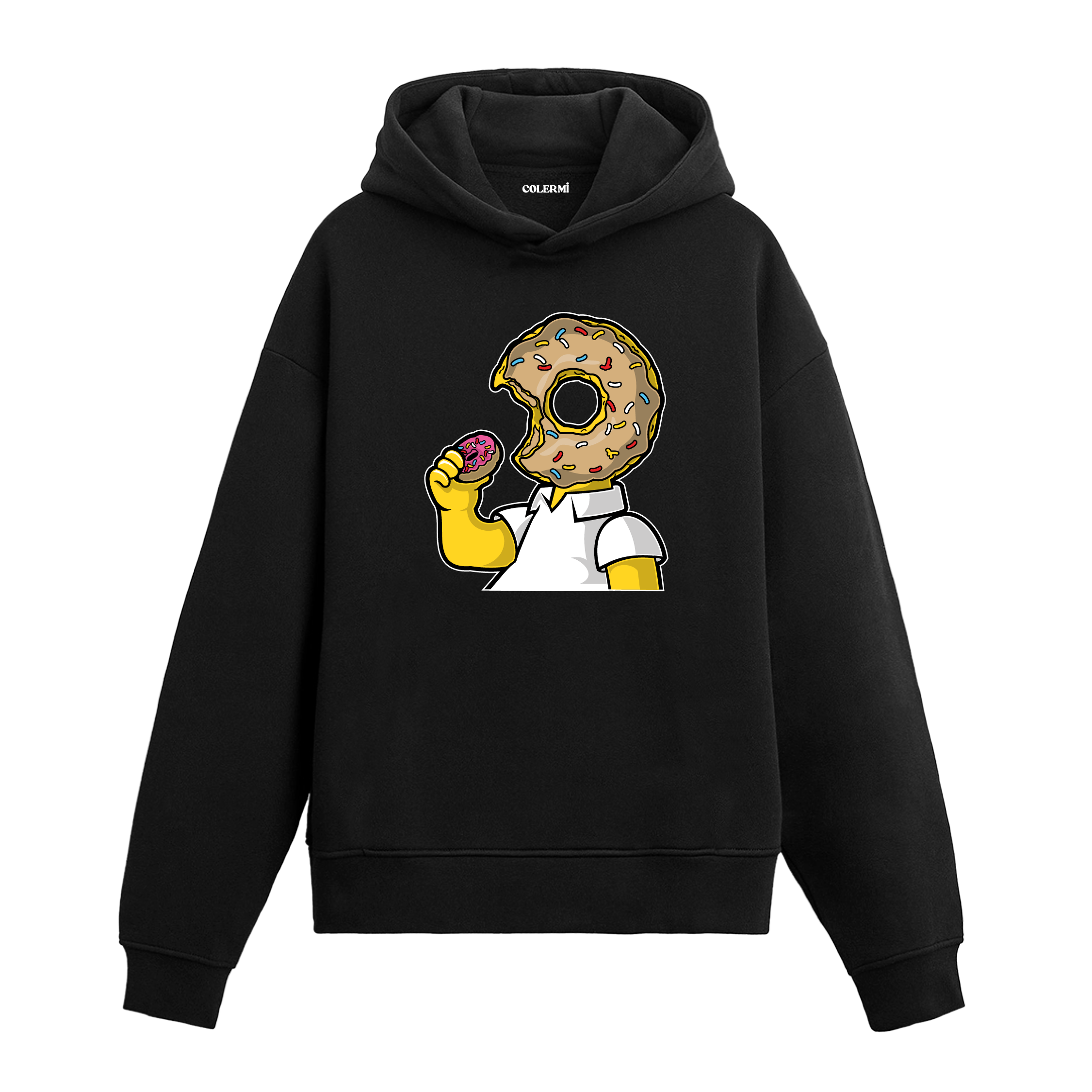 Kafası donut olan karakter tasarım baskılı hoodie – eğlenceli ve özgün görünüm