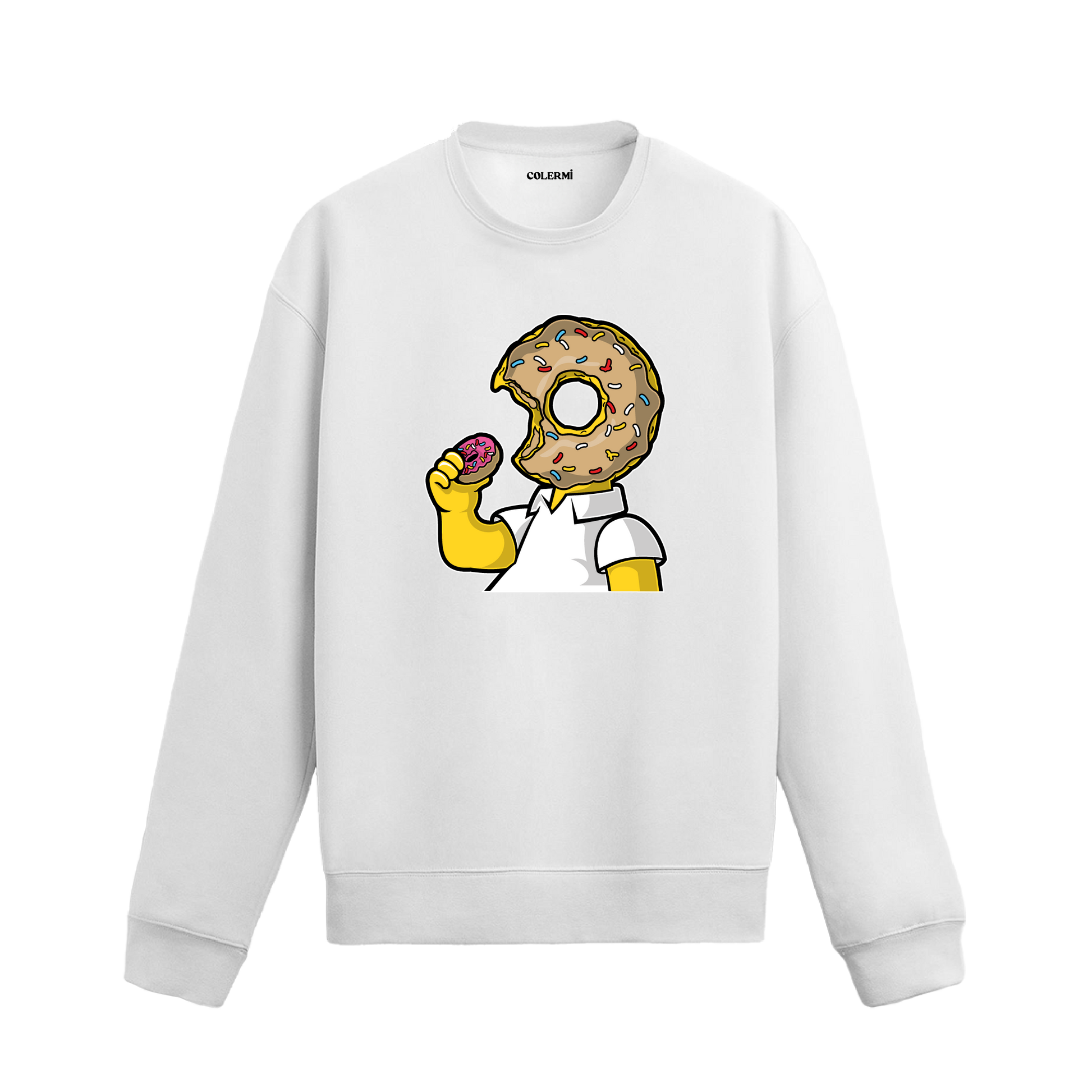 beyaz sweatshirt üzerinde donut kafalı karakter tasarımı
