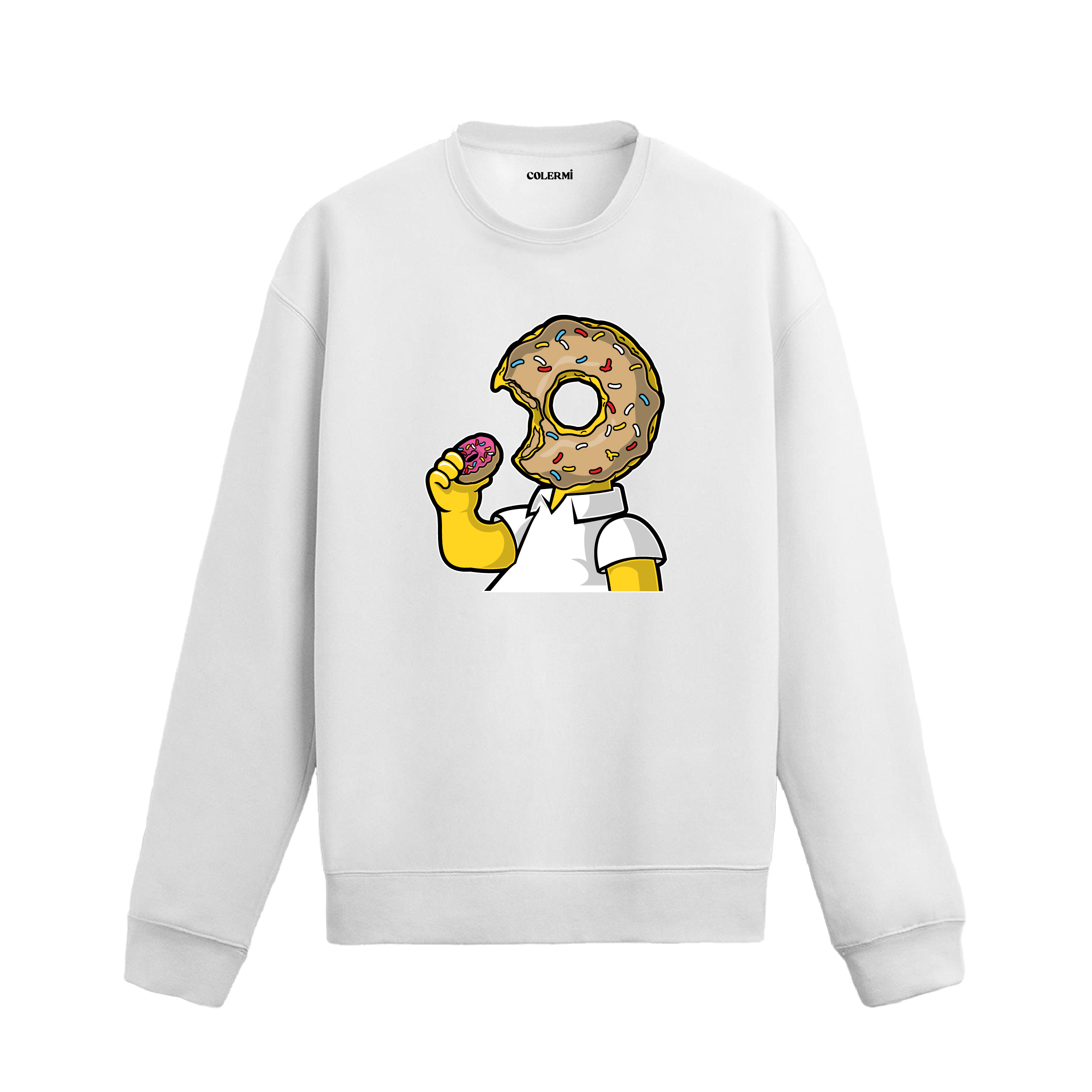 beyaz sweatshirt üzerinde donut kafalı karakter tasarımı