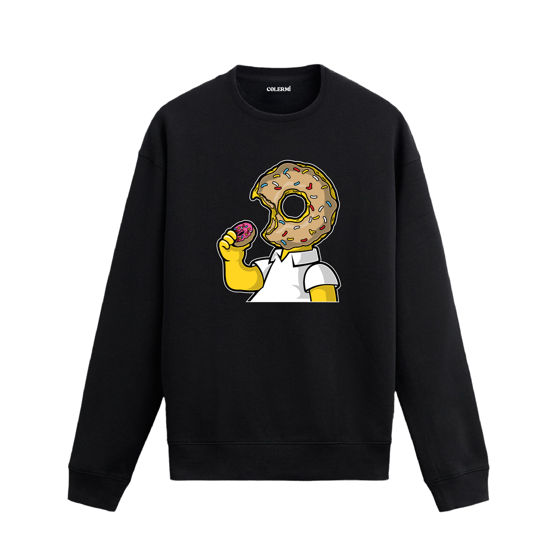 Siyah sweatshirt üzerinde donut kafalı karakter tasarımı
