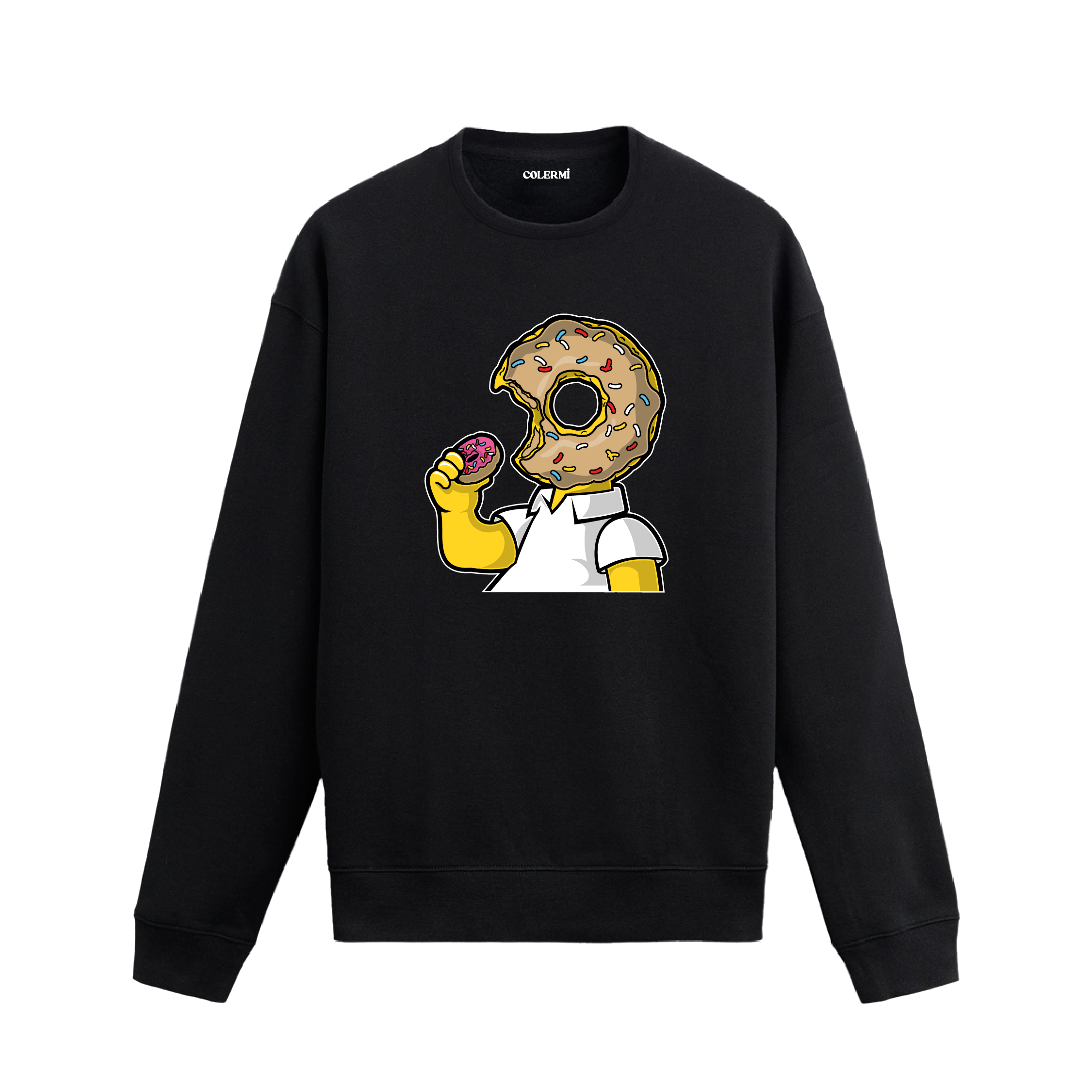Siyah sweatshirt üzerinde donut kafalı karakter tasarımı