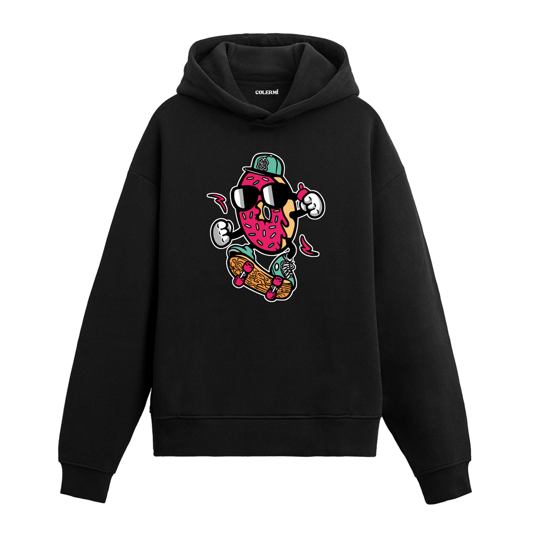 Kaykay yapan donut karakter tasarım baskılı hoodie – enerjik ve eğlenceli görünüm